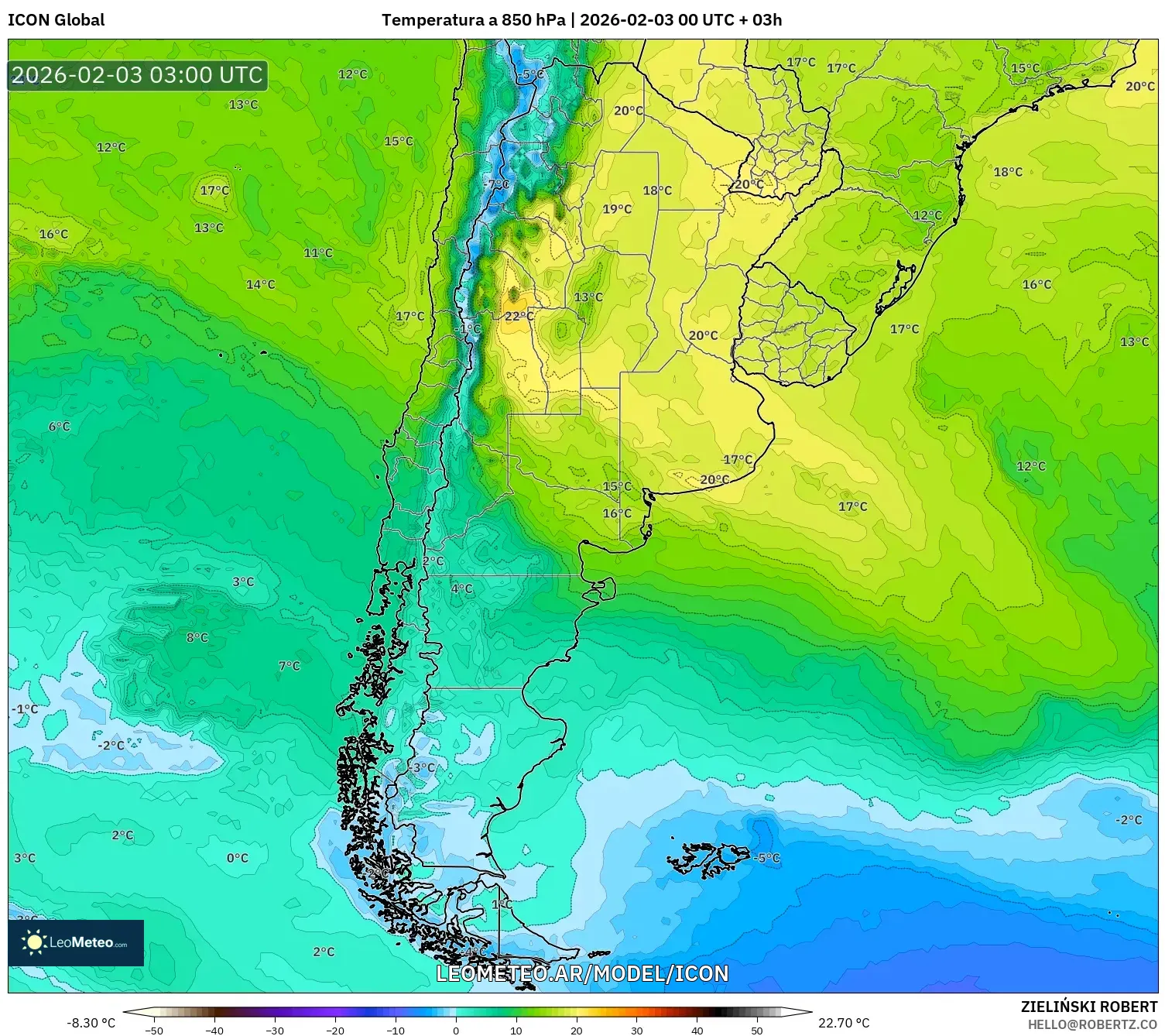 ICON model - Argentina, Temperatura a 850 hPa