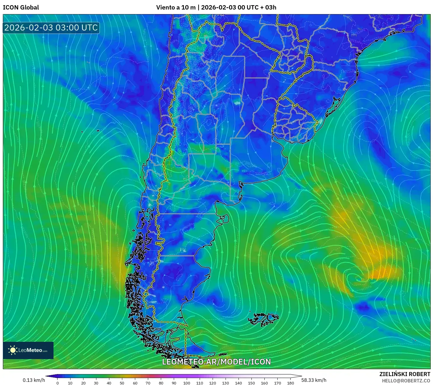 ICON model - Argentina, Viento a 10 m