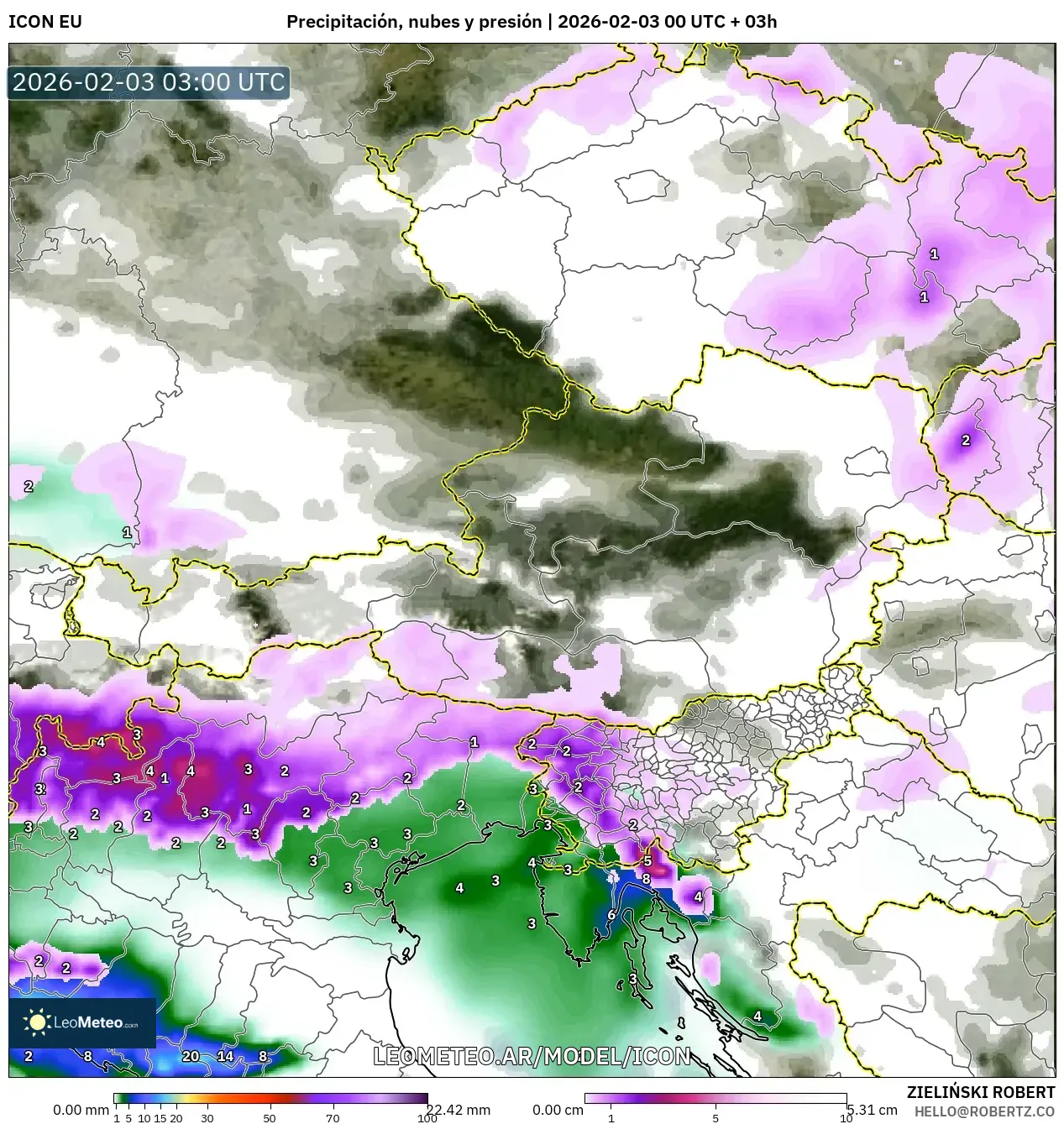 ICON model - Austria, Precipitación, nubes y presión