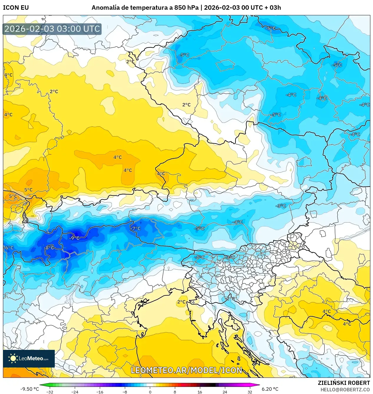 ICON model - Austria, Anomalía de temperatura a 850 hPa