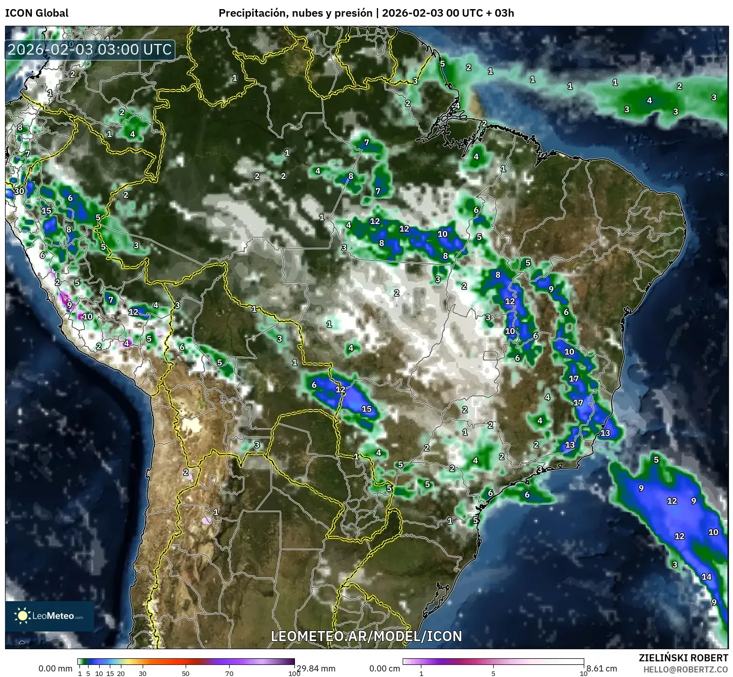 ICON model - Brasil, Precipitación, nubes y presión