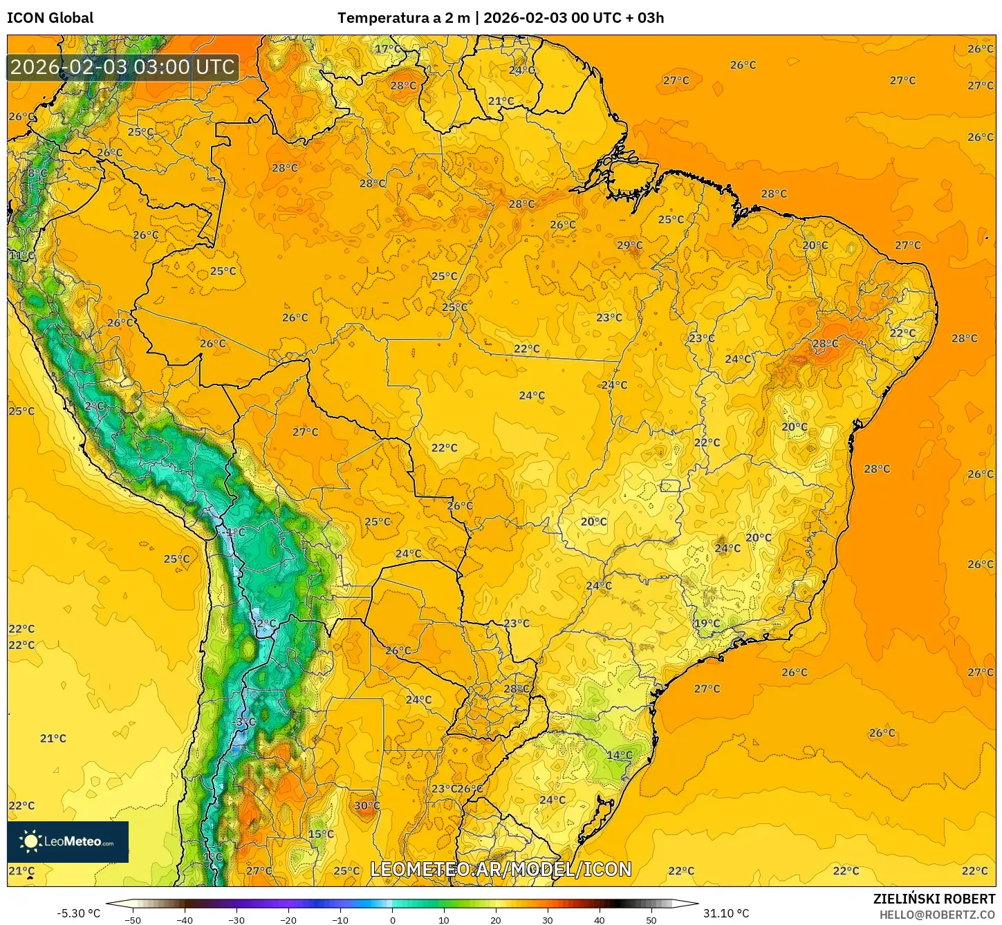 ICON model - Brasil, Temperatura a 2 m