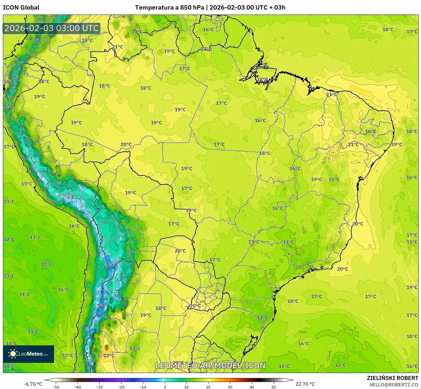 ICON model - Brasil, Temperatura a 850 hPa