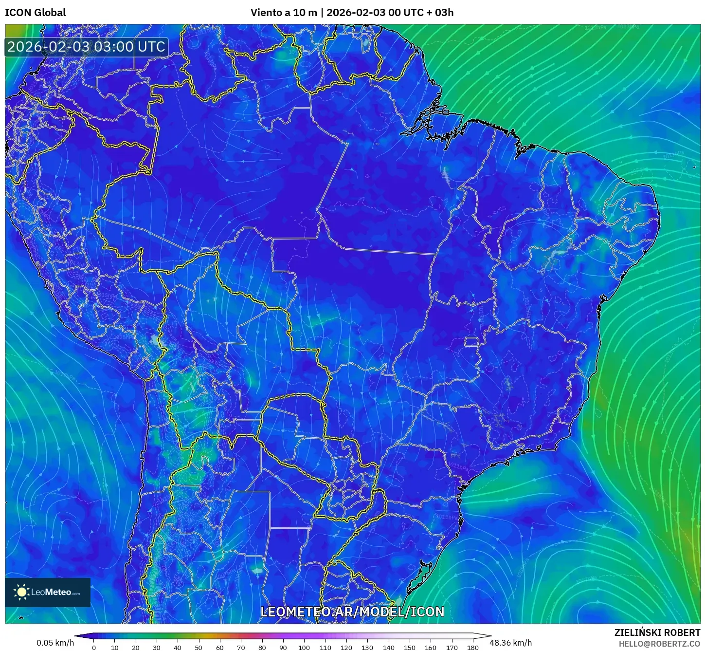 ICON model - Brasil, Viento a 10 m