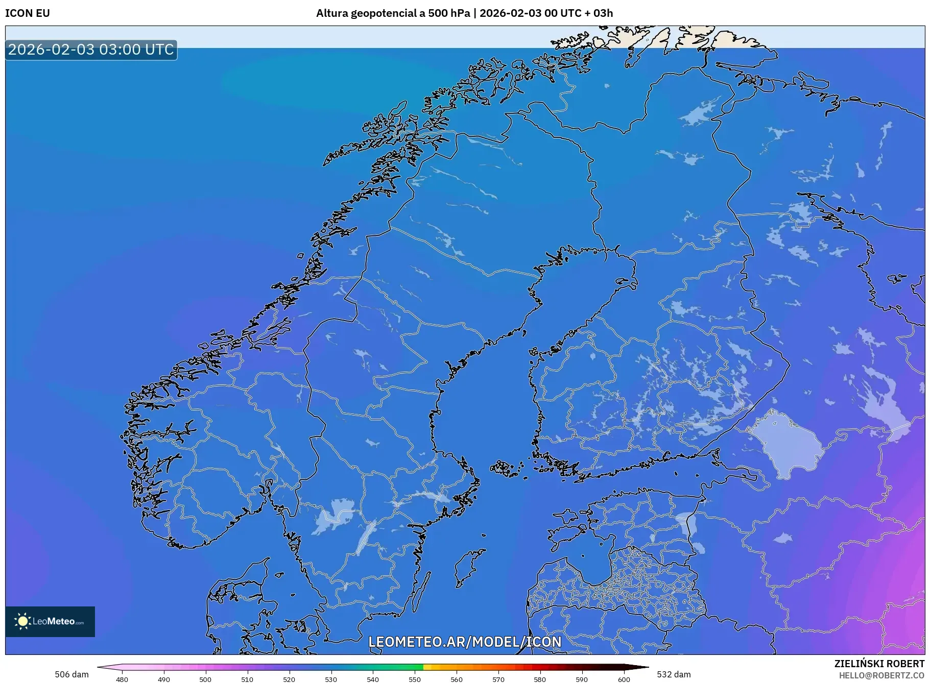 ICON model - Escandinavia, Altura geopotencial a 500 hPa