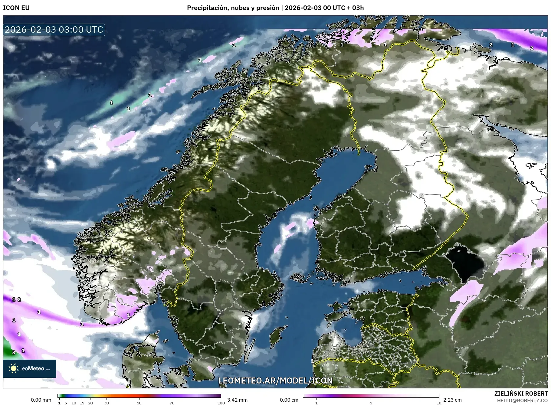 ICON model - Escandinavia, Precipitación, nubes y presión