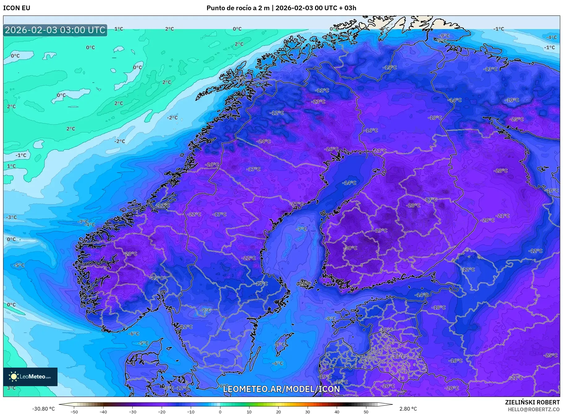 ICON model - Escandinavia, Punto de rocío a 2 m