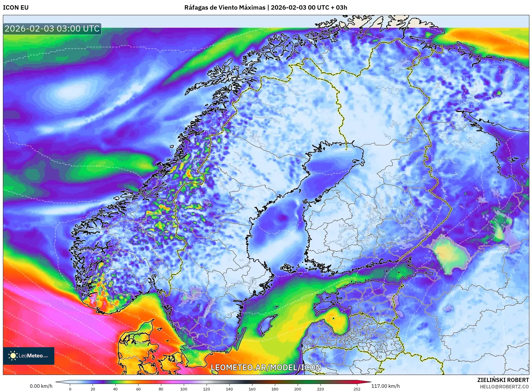 ICON model - Escandinavia, Ráfagas de Viento Máximas