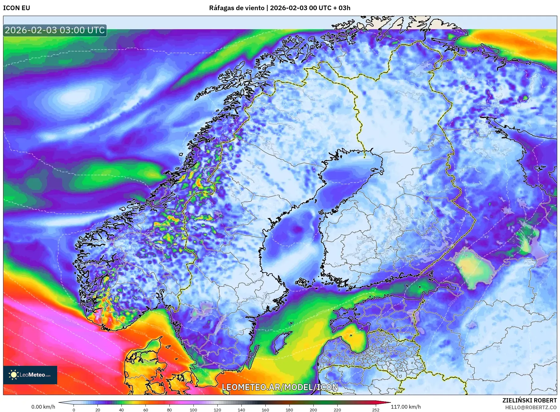 ICON model - Escandinavia, Ráfagas de viento