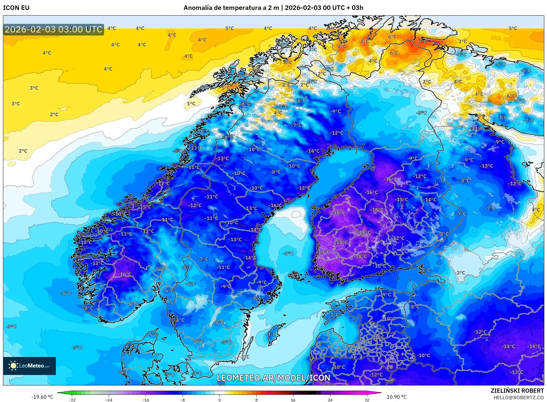 ICON model - Escandinavia, Anomalía de temperatura a 2 m