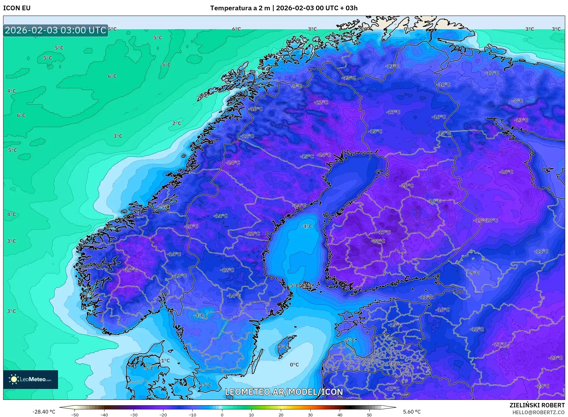 ICON model - Escandinavia, Temperatura a 2 m