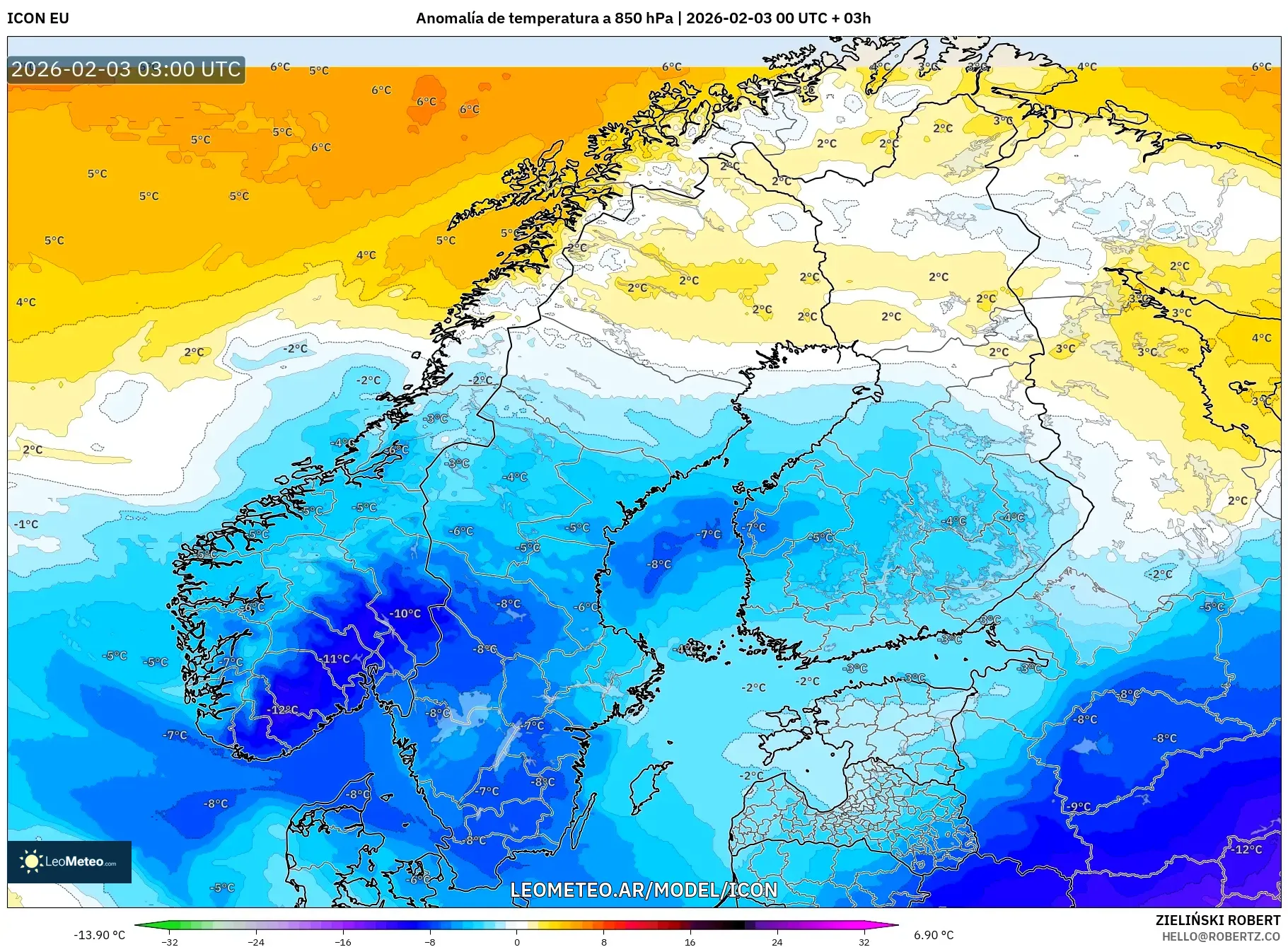 ICON model - Escandinavia, Anomalía de temperatura a 850 hPa