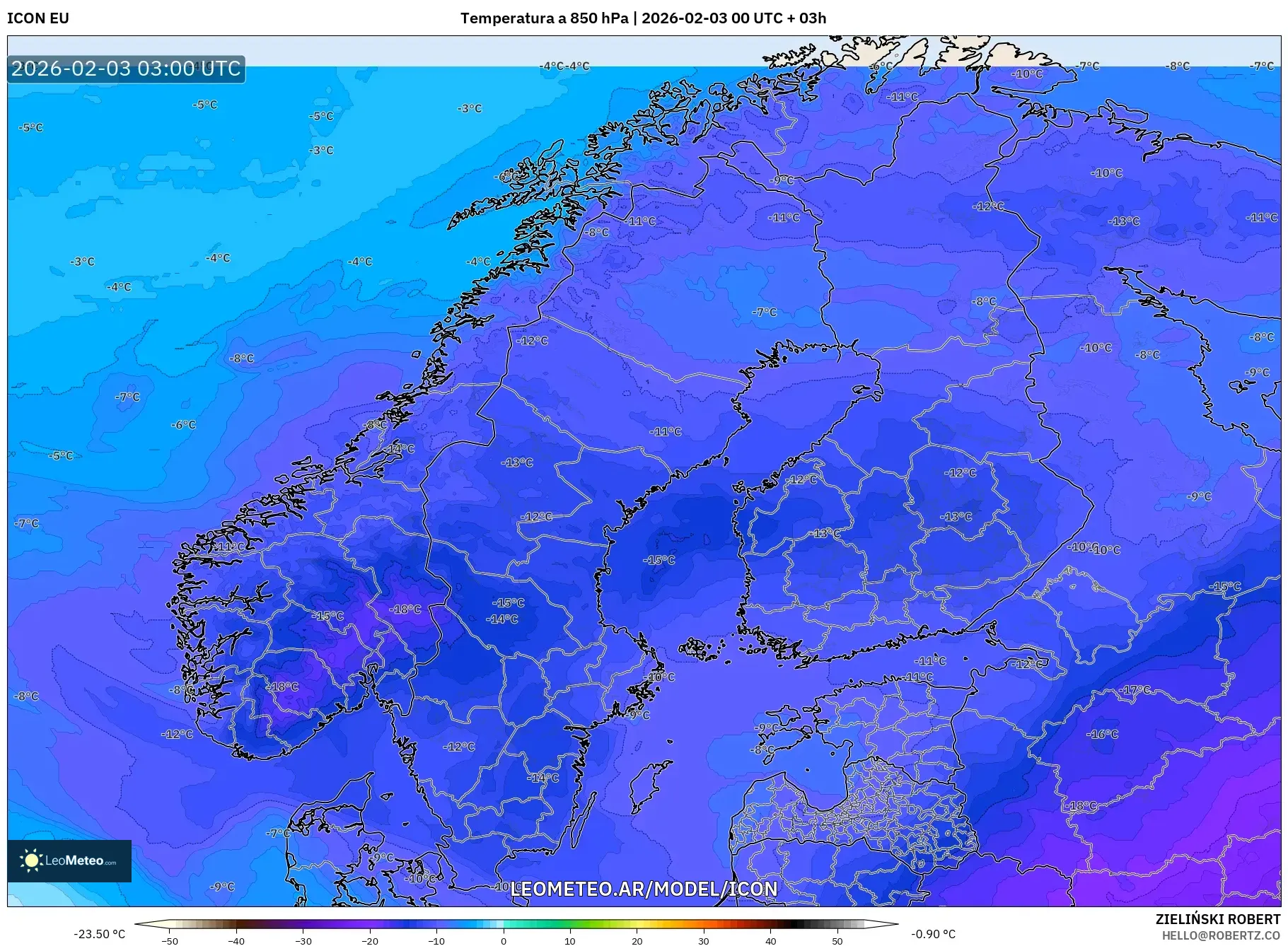 ICON model - Escandinavia, Temperatura a 850 hPa