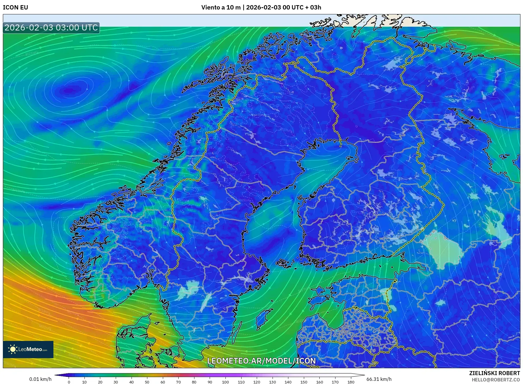 ICON model - Escandinavia, Viento a 10 m