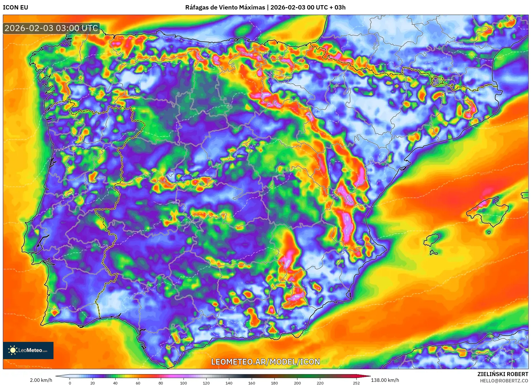ICON model - España, Ráfagas de Viento Máximas