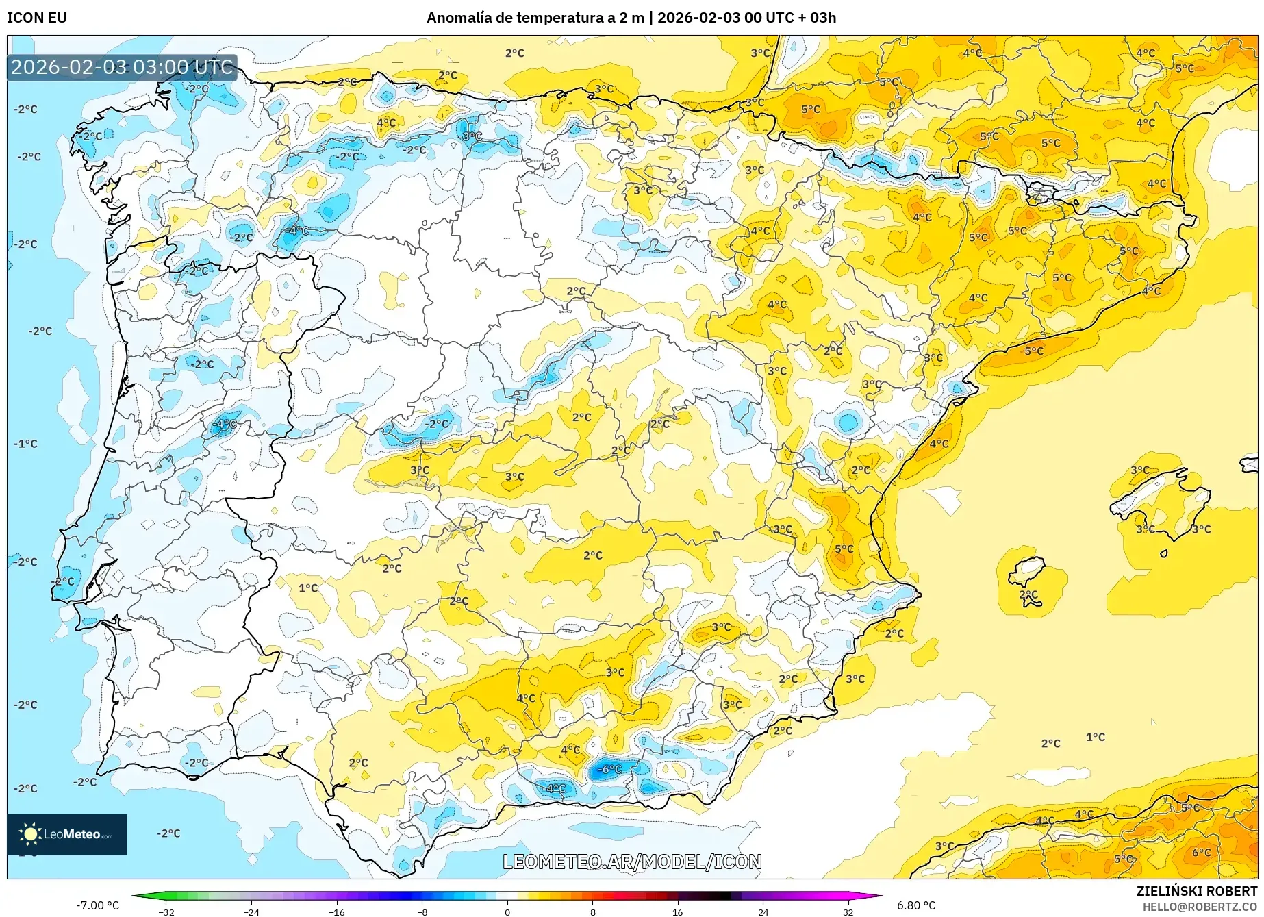 ICON model - España, Anomalía de temperatura a 2 m