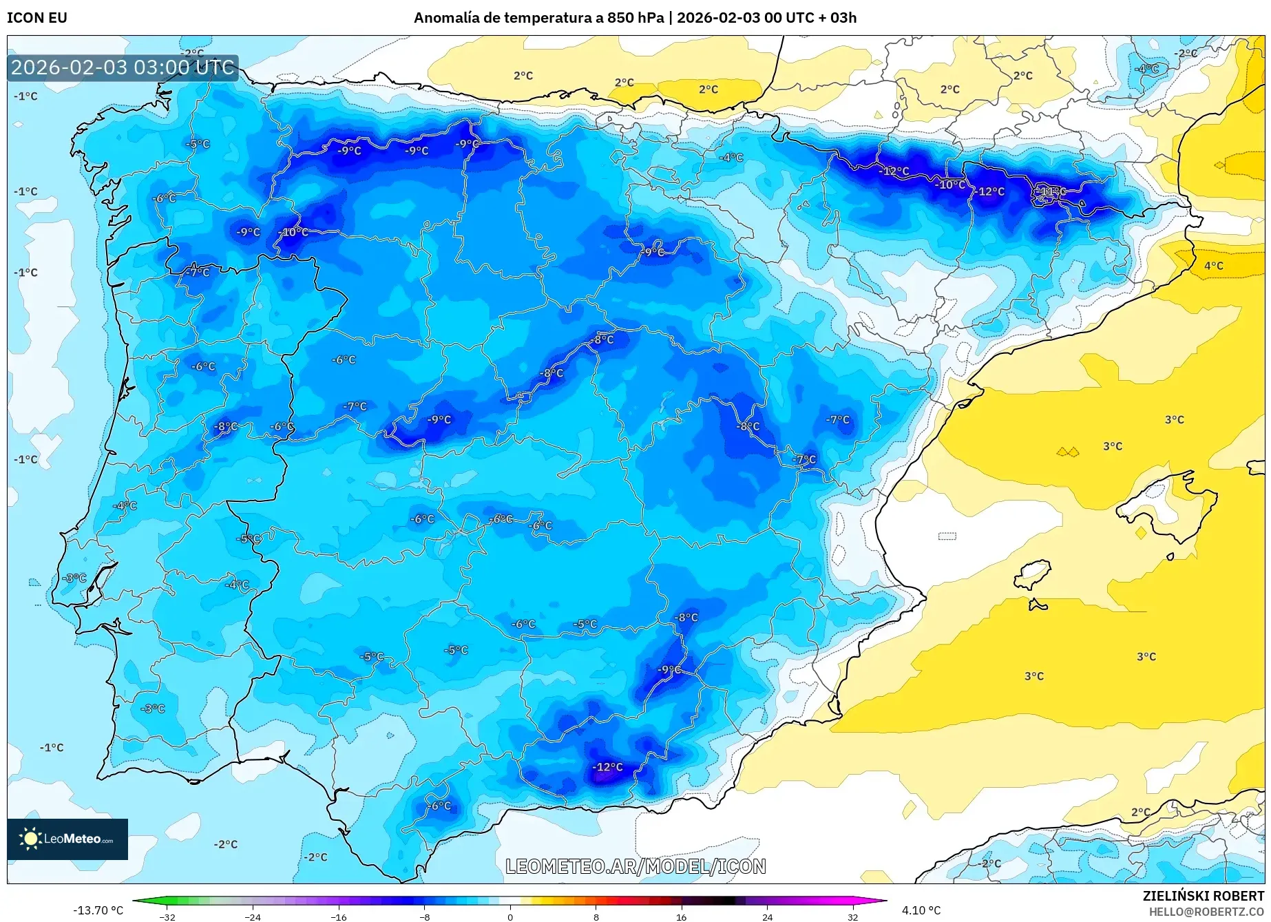 ICON model - España, Anomalía de temperatura a 850 hPa