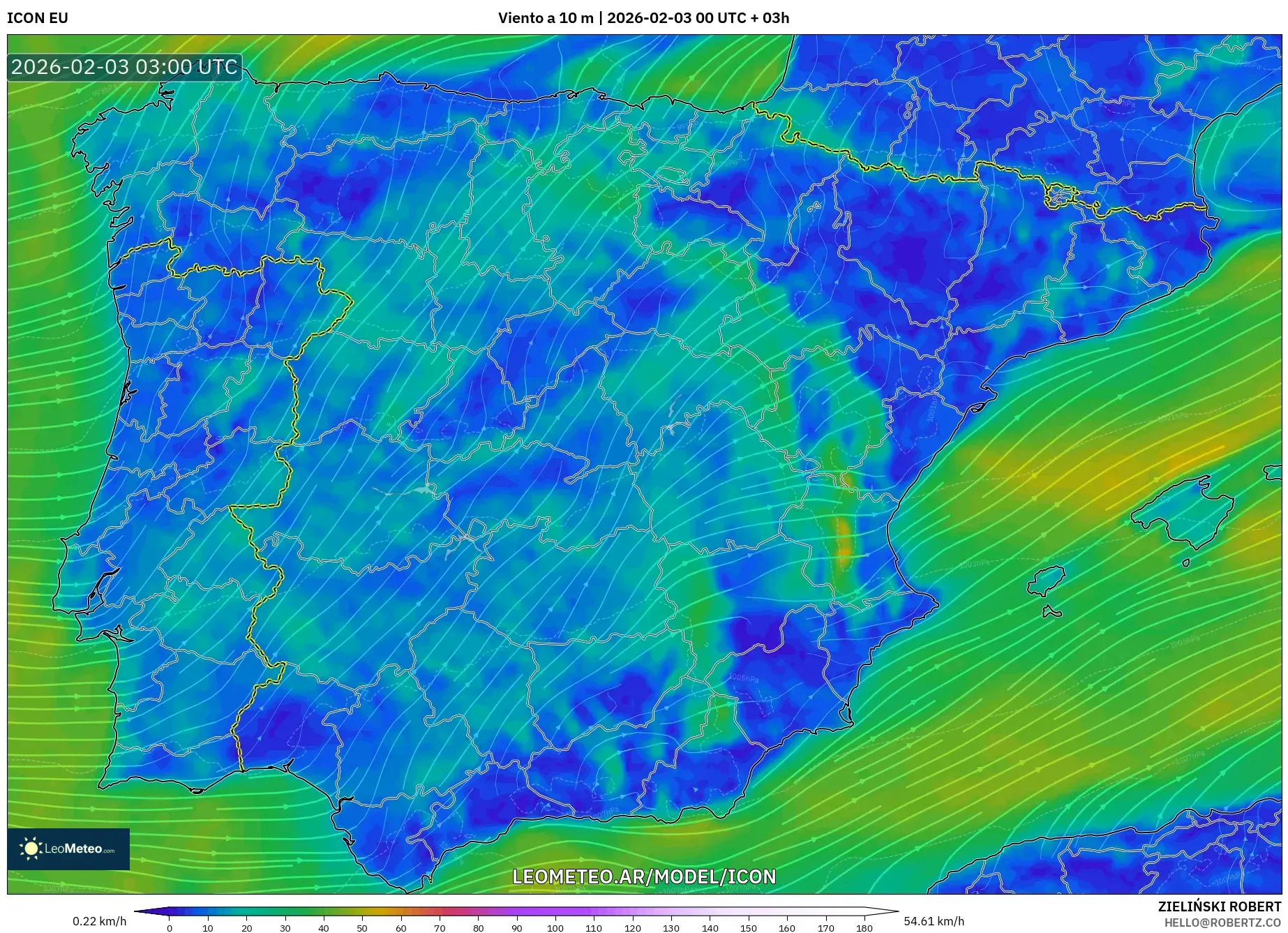 ICON model - España, Viento a 10 m