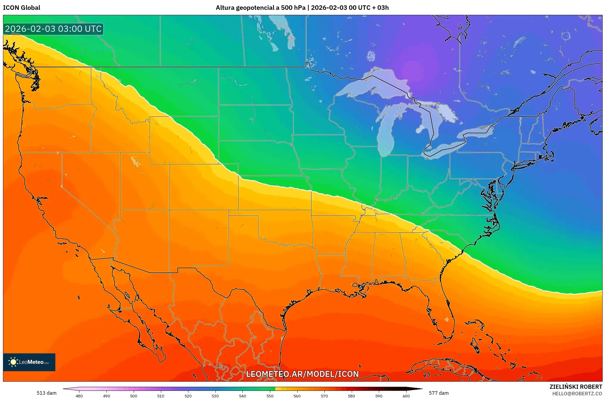 ICON model - Estados Unidos, Altura geopotencial a 500 hPa