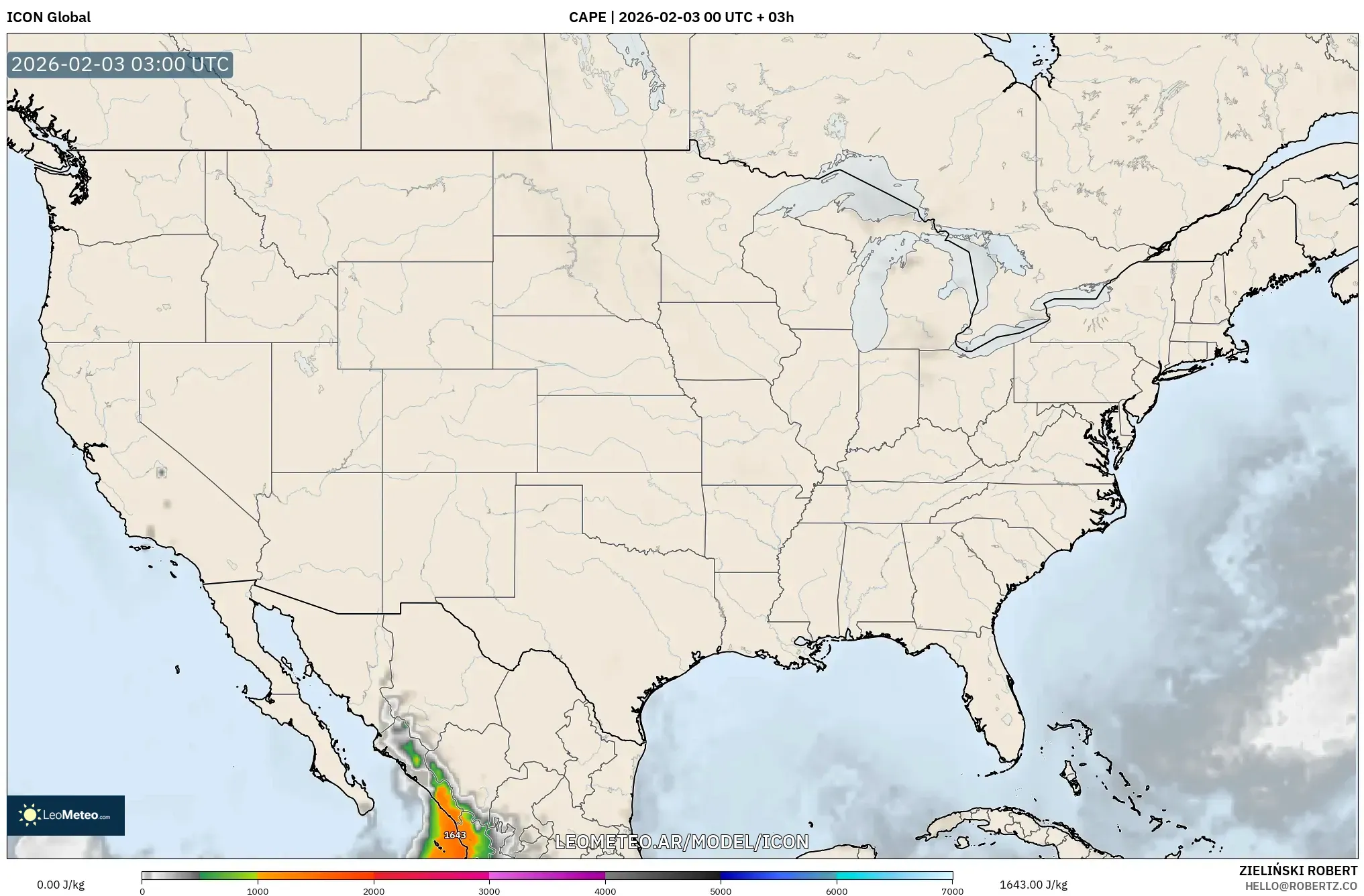 ICON model - Estados Unidos, CAPE