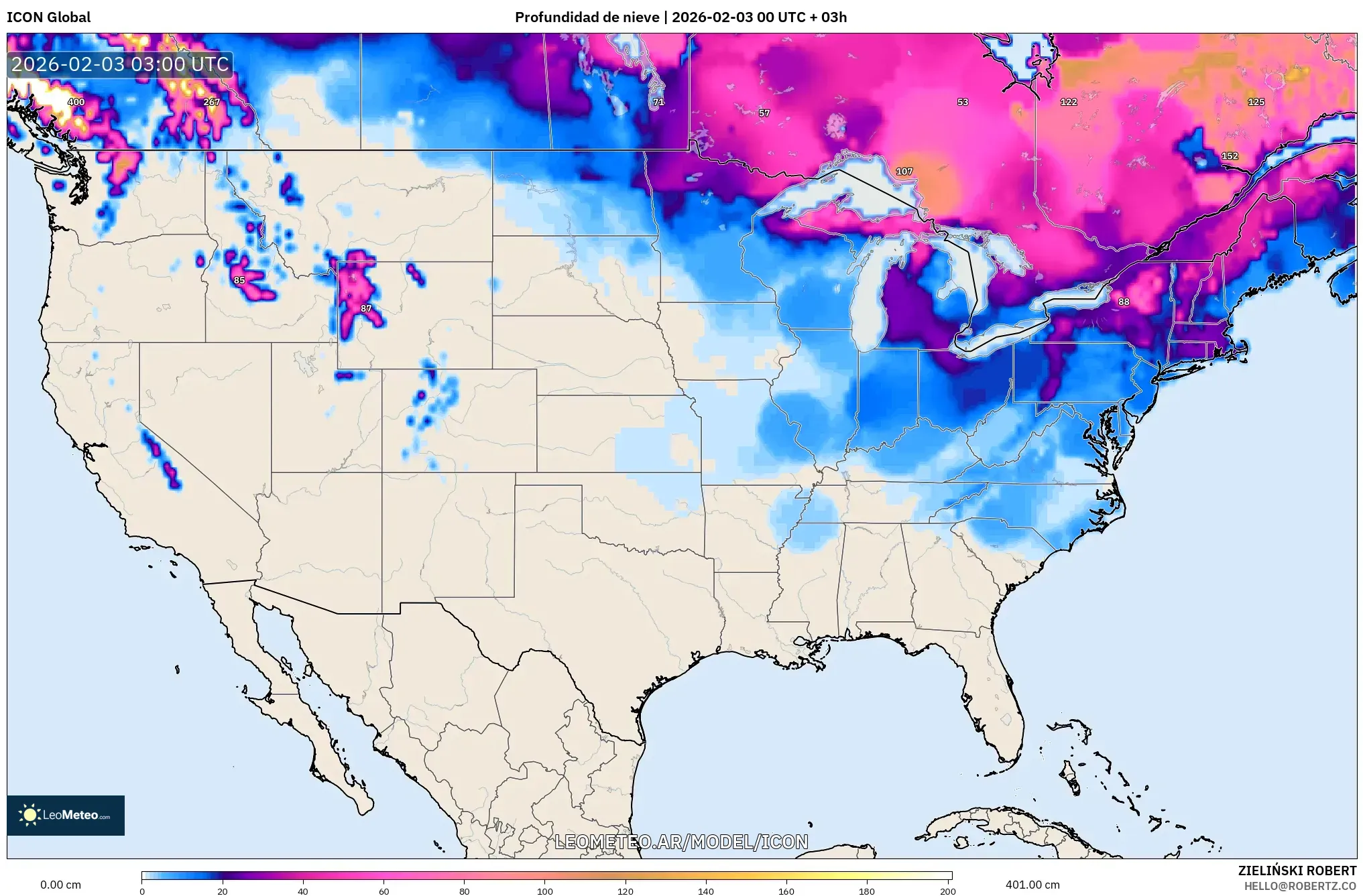 ICON model - Estados Unidos, Profundidad de nieve