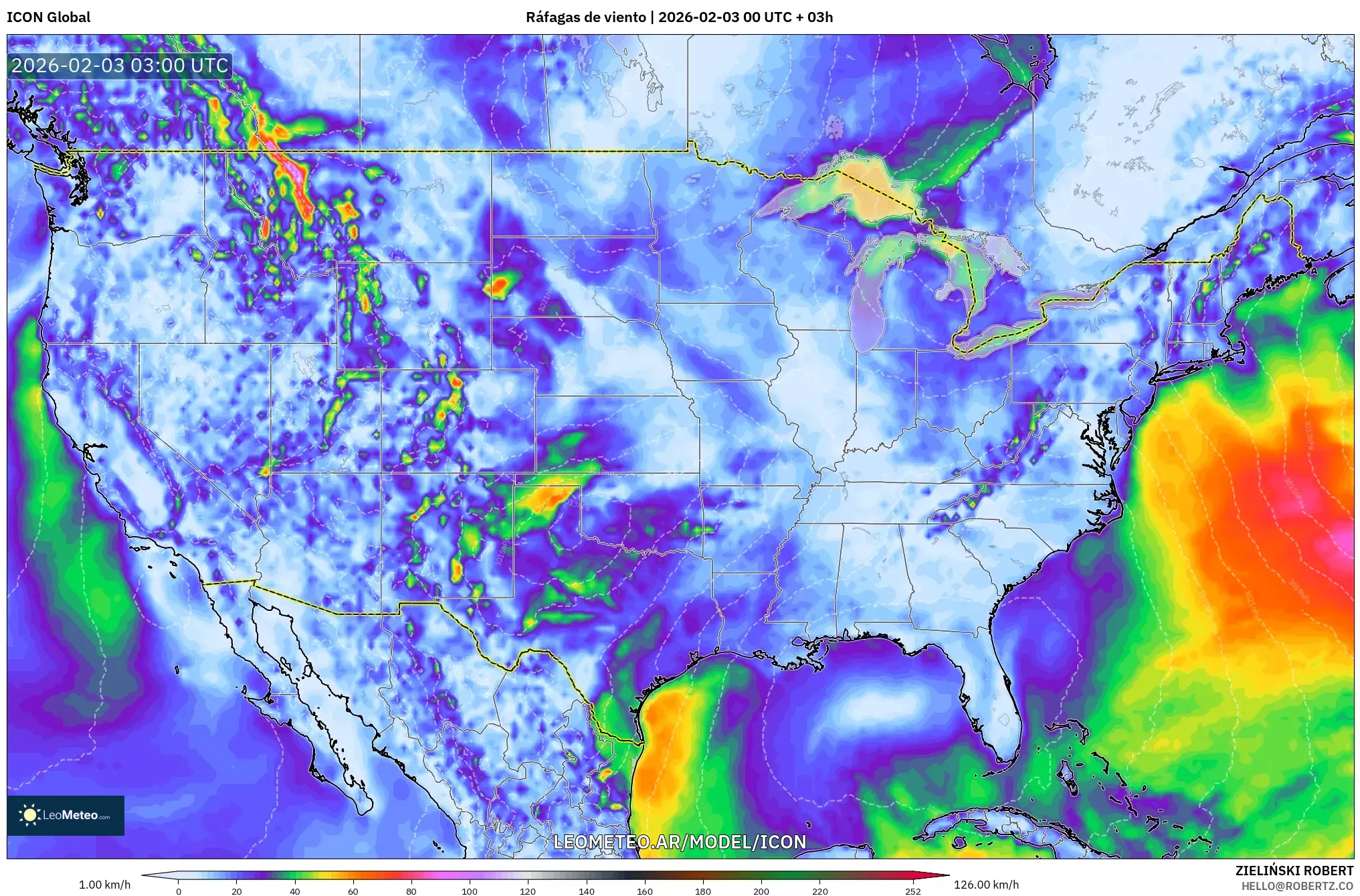 ICON model - Estados Unidos, Ráfagas de viento