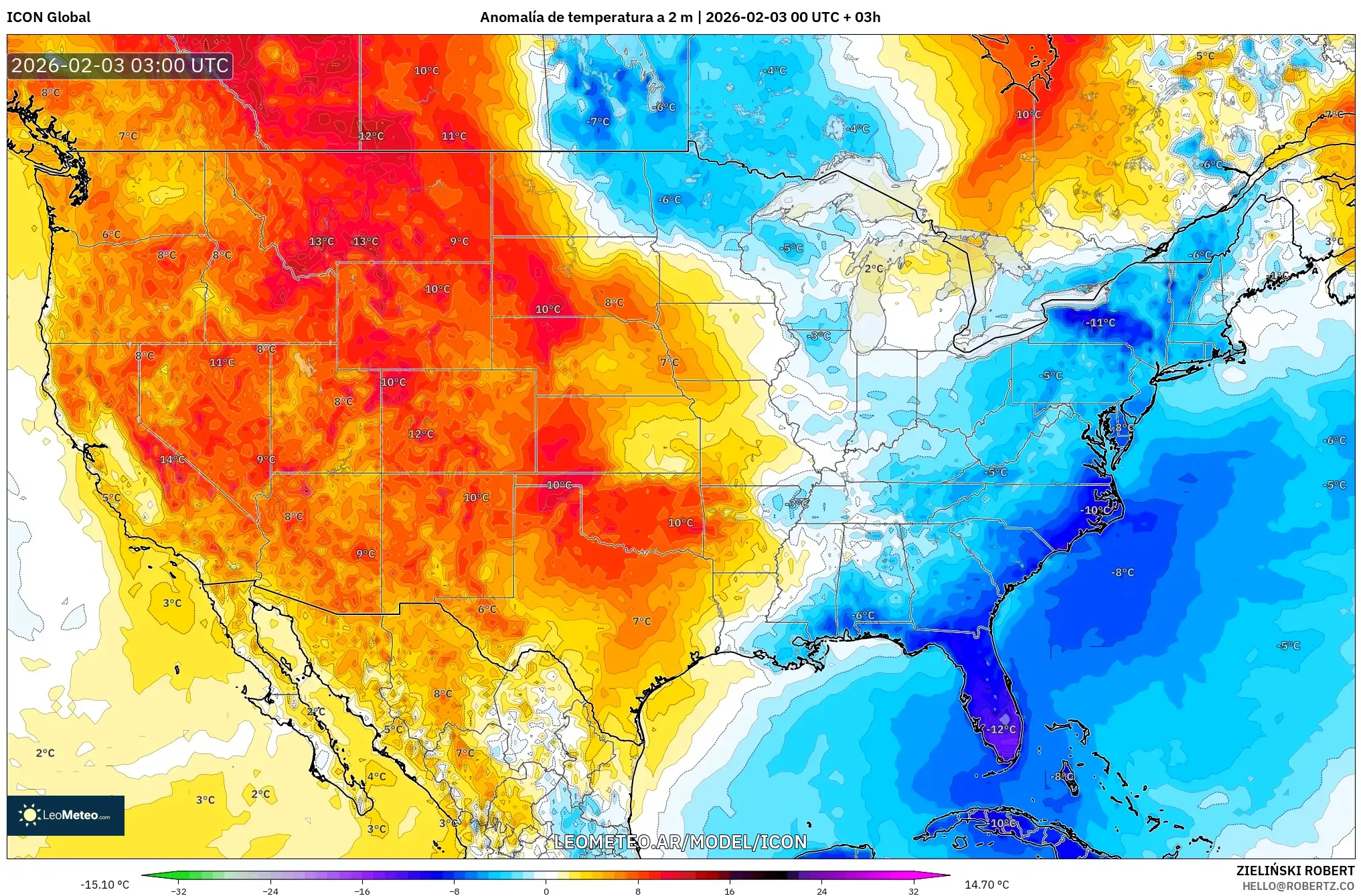 ICON model - Estados Unidos, Anomalía de temperatura a 2 m