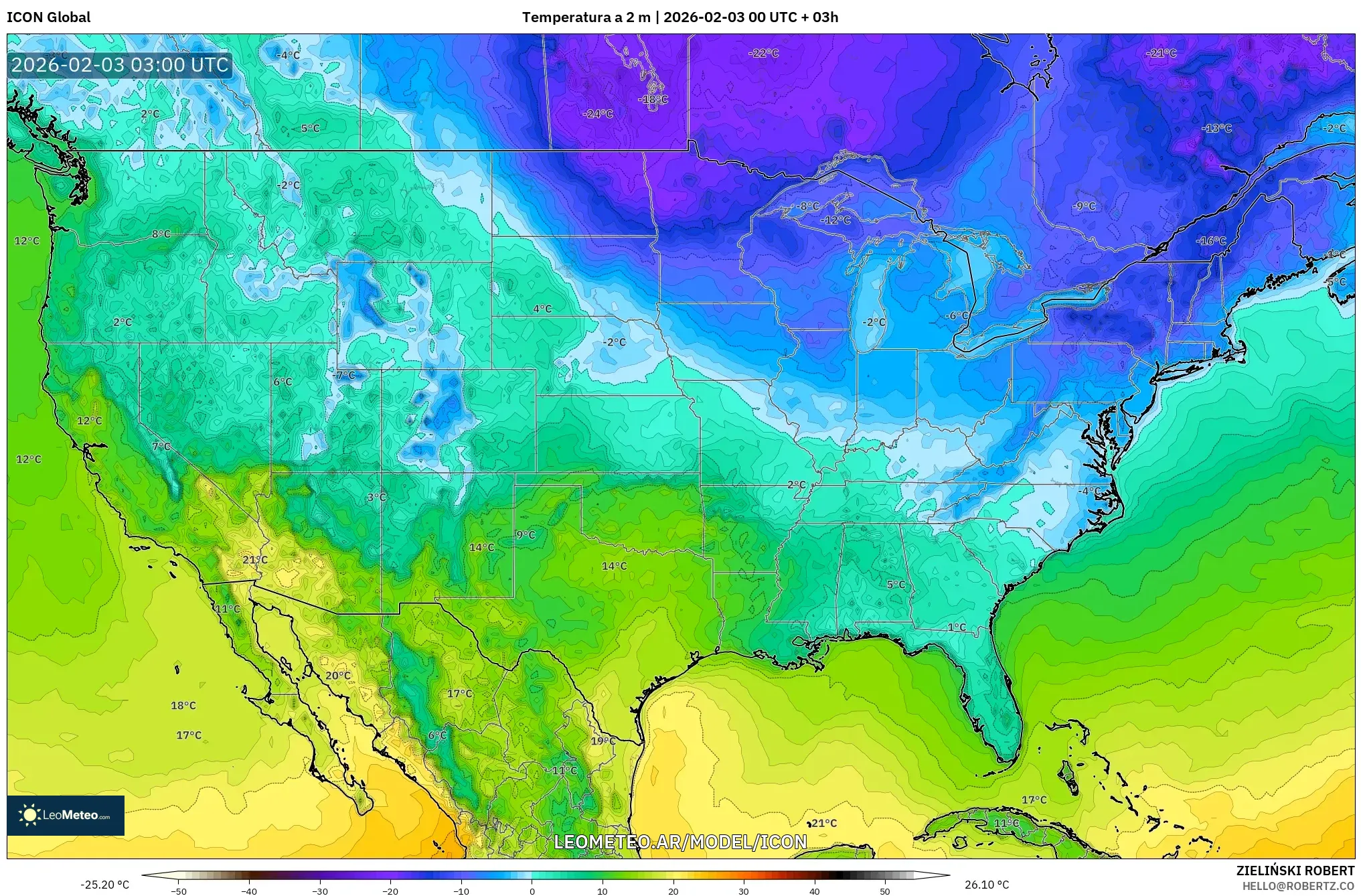 ICON model - Estados Unidos, Temperatura a 2 m