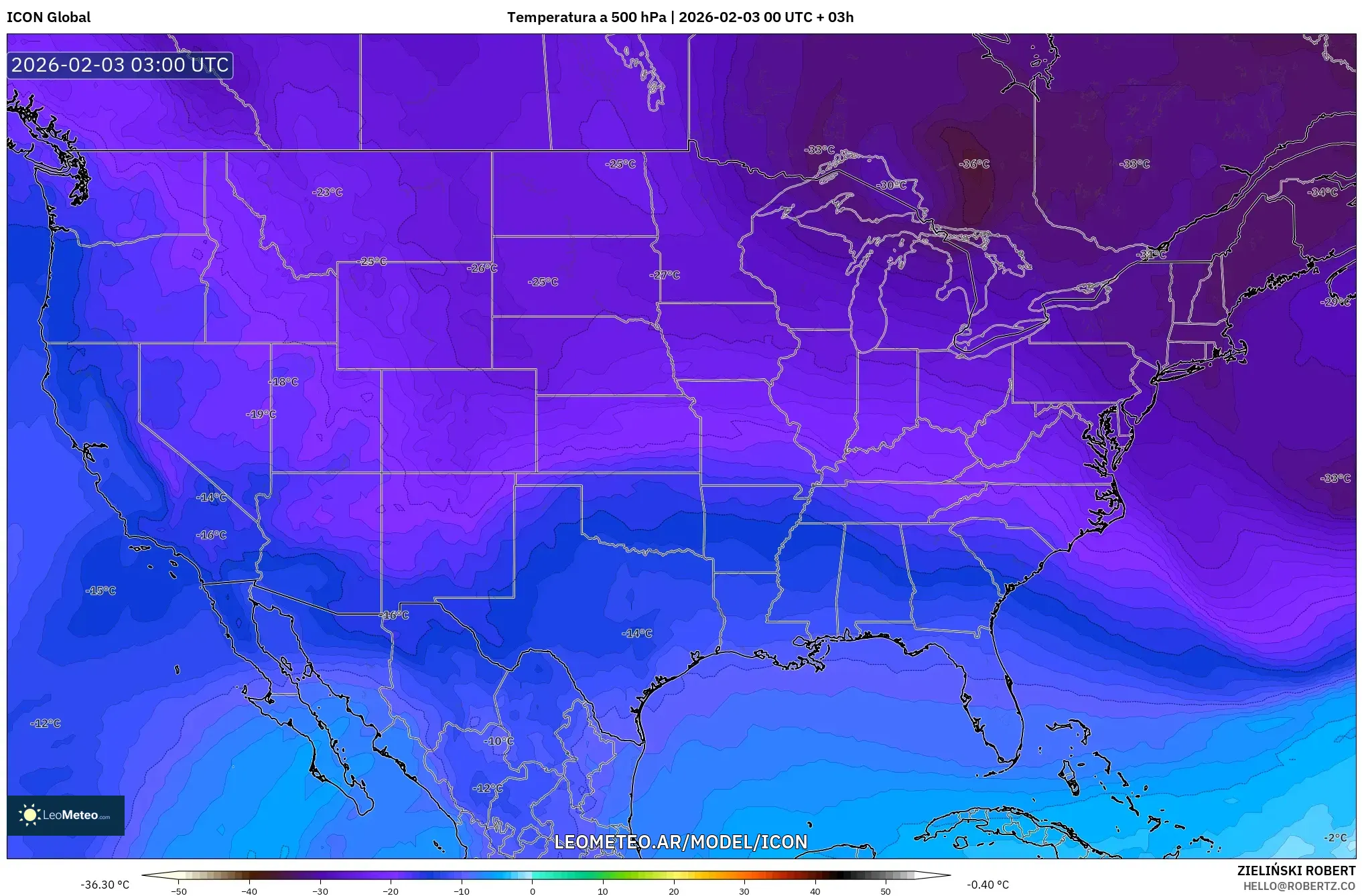 ICON model - Estados Unidos, Temperatura a 500 hPa