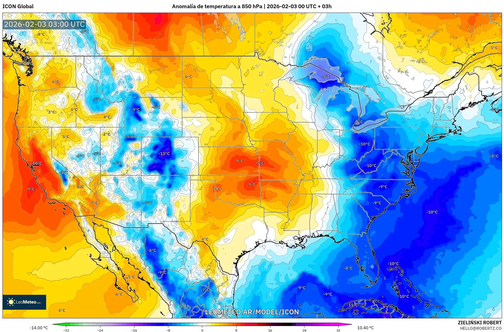 ICON model - Estados Unidos, Anomalía de temperatura a 850 hPa