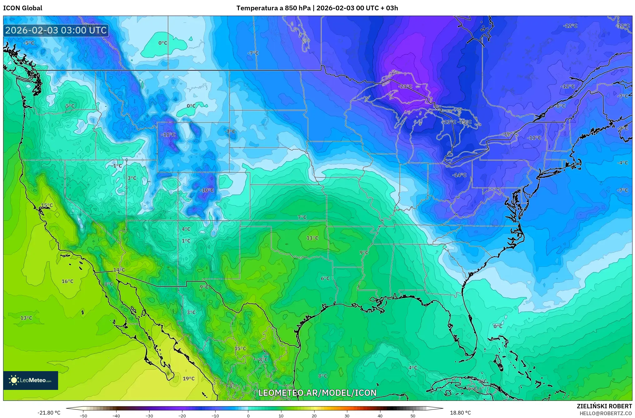 ICON model - Estados Unidos, Temperatura a 850 hPa