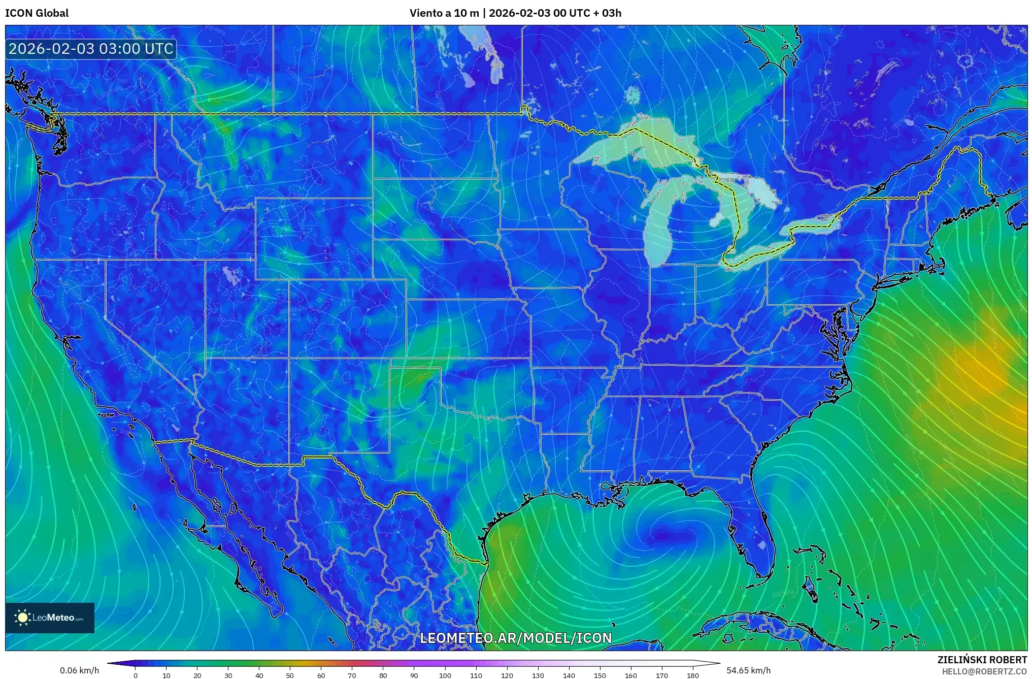 ICON model - Estados Unidos, Viento a 10 m
