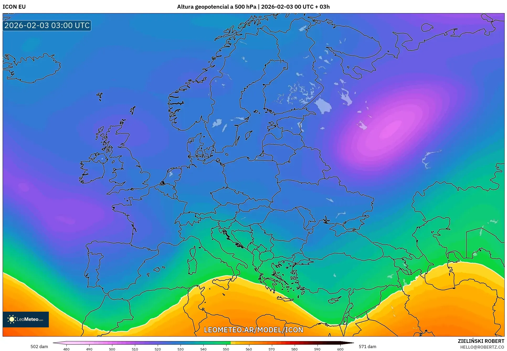 ICON model - Europa, Altura geopotencial a 500 hPa