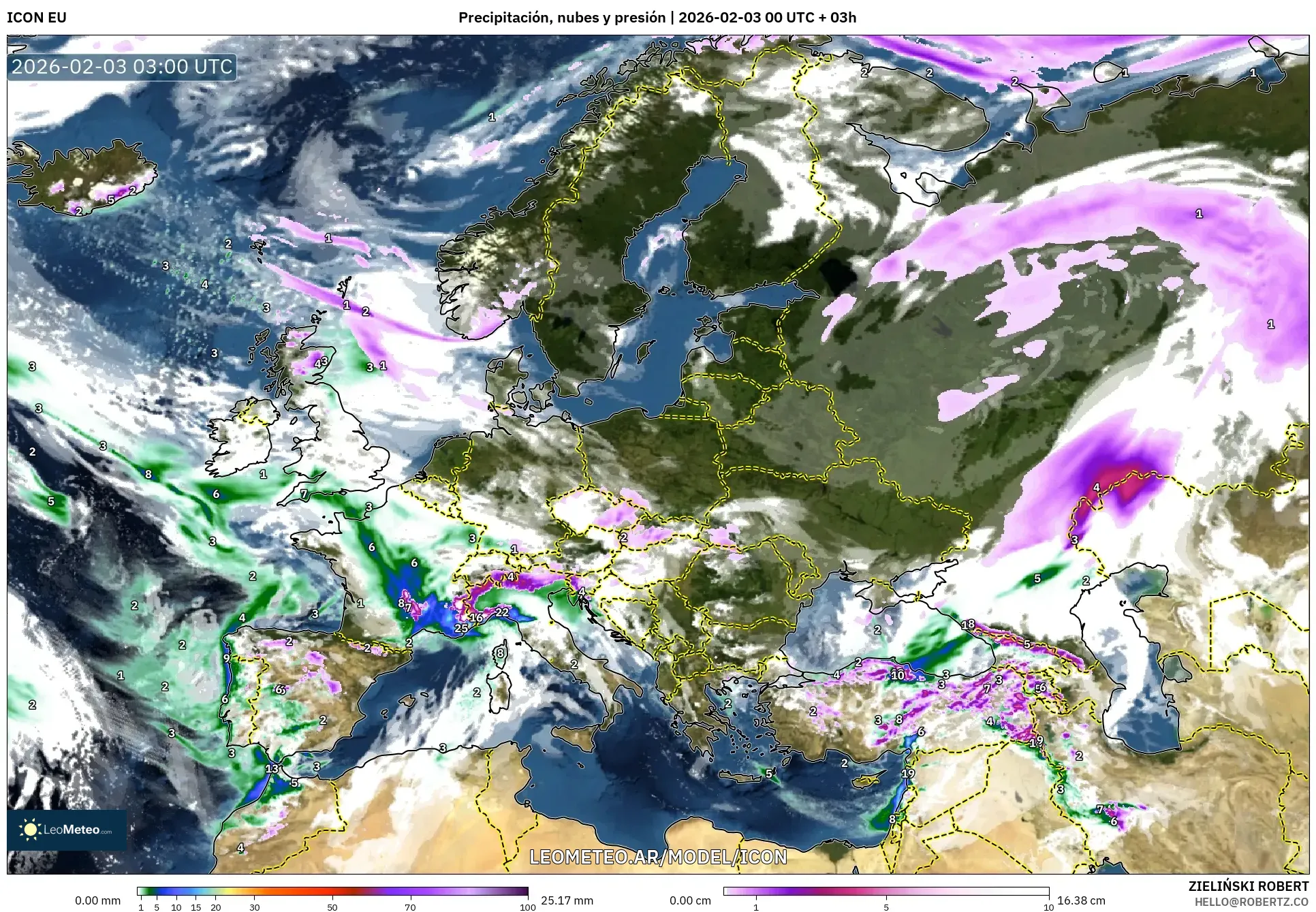 ICON model - Europa, Precipitación, nubes y presión