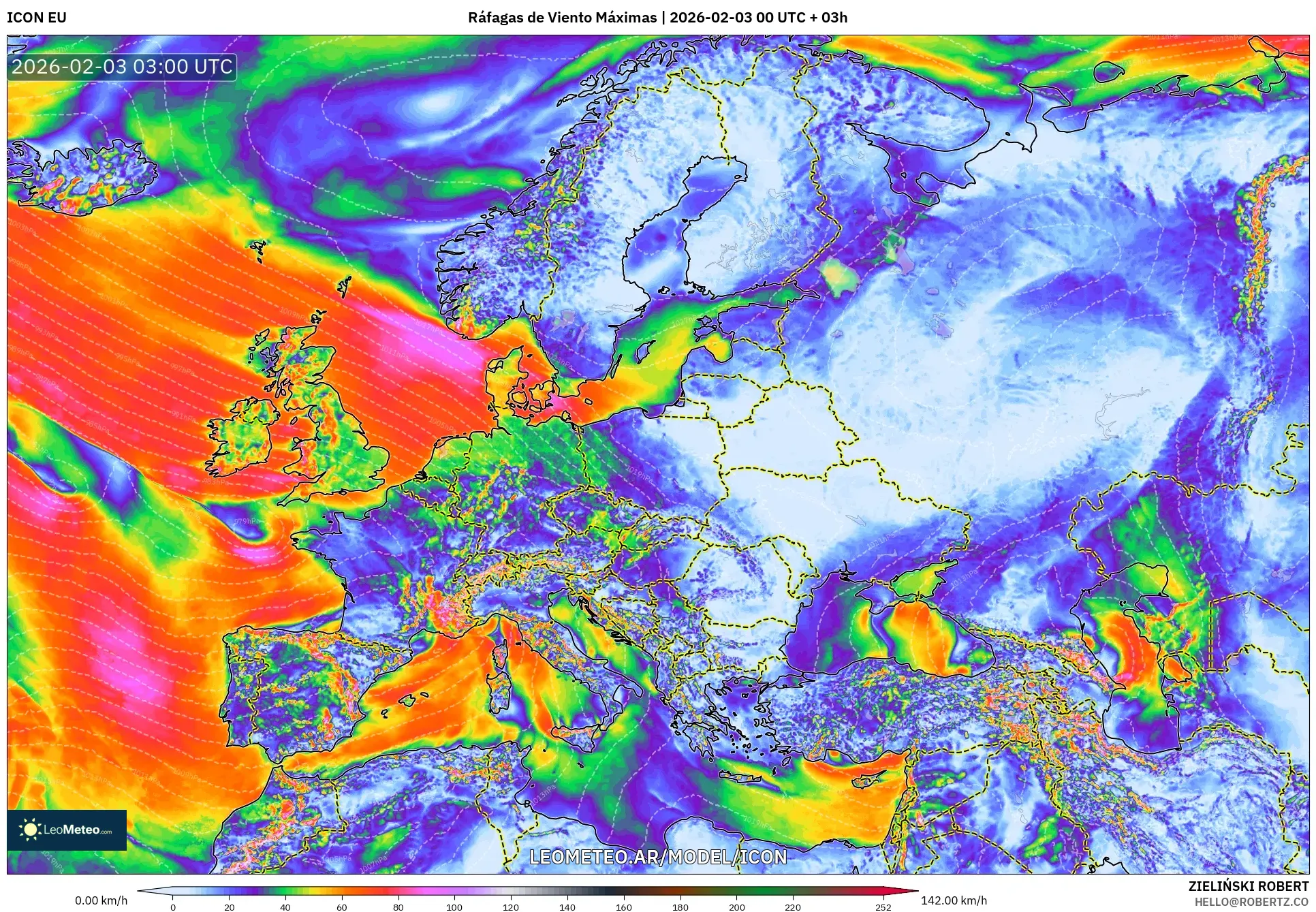 ICON model - Europa, Ráfagas de Viento Máximas
