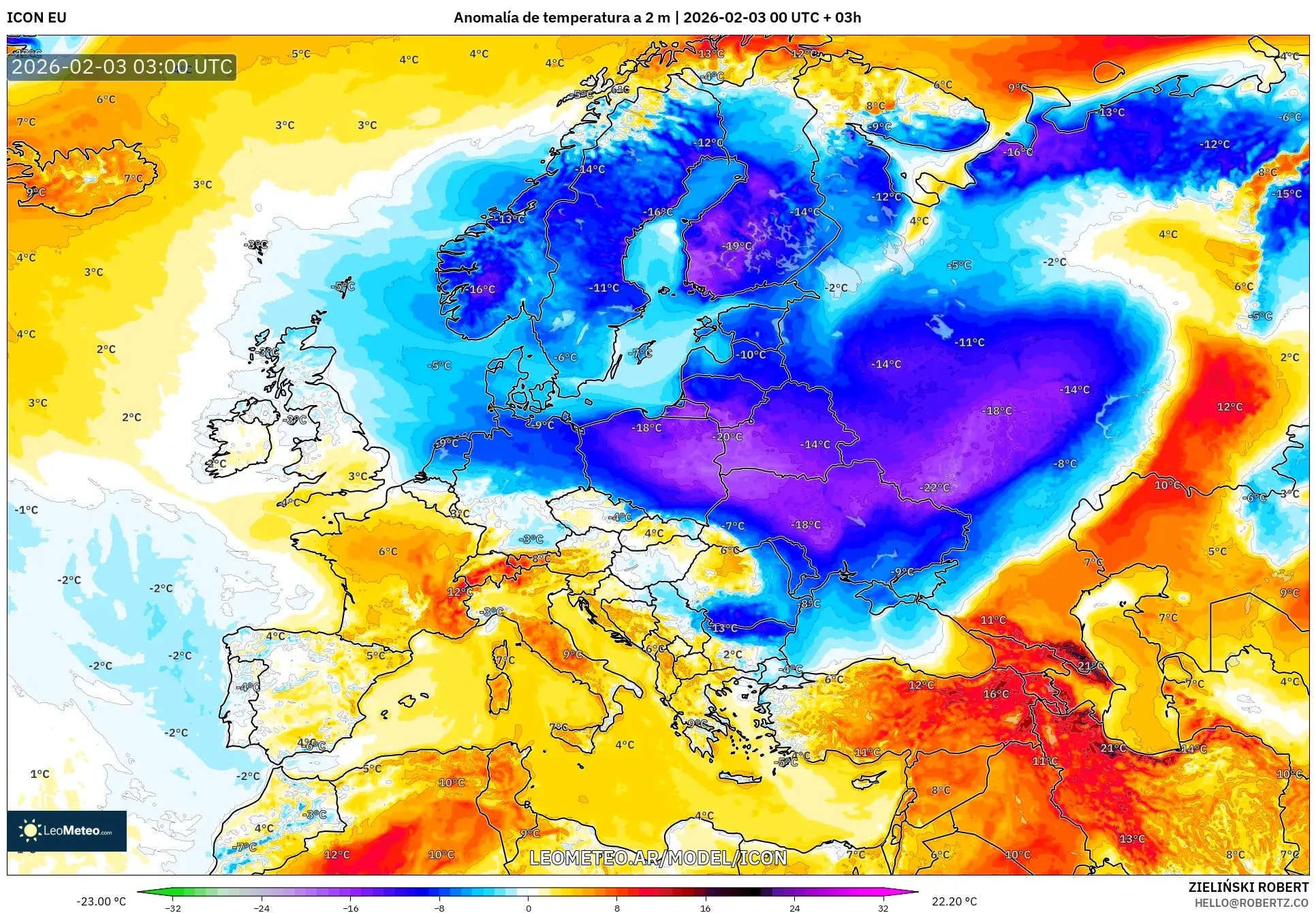 ICON model - Europa, Anomalía de temperatura a 2 m