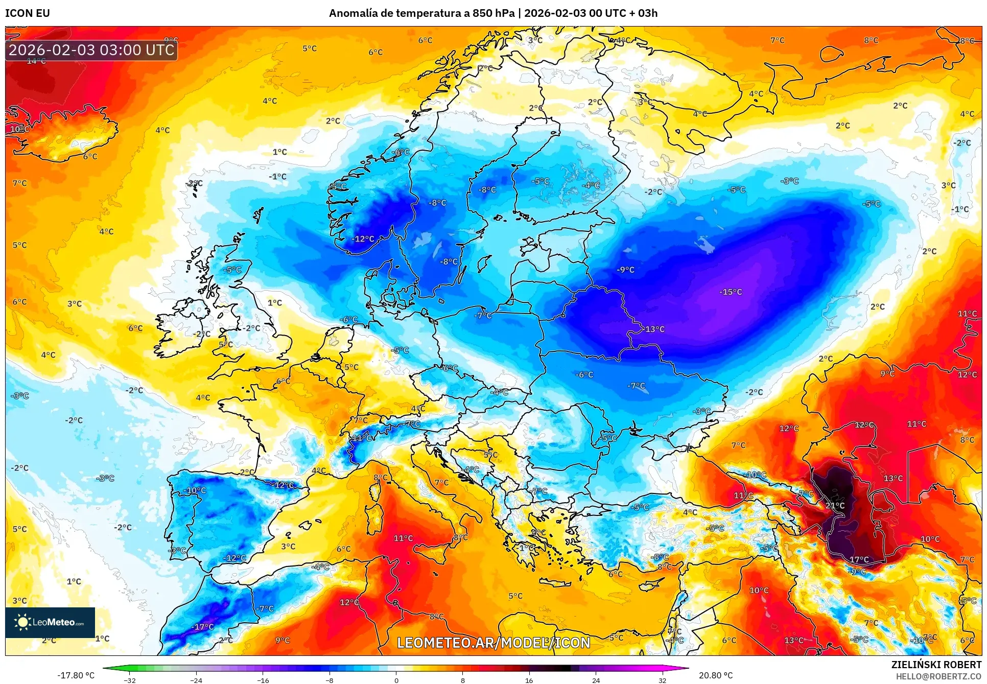 ICON model - Europa, Anomalía de temperatura a 850 hPa
