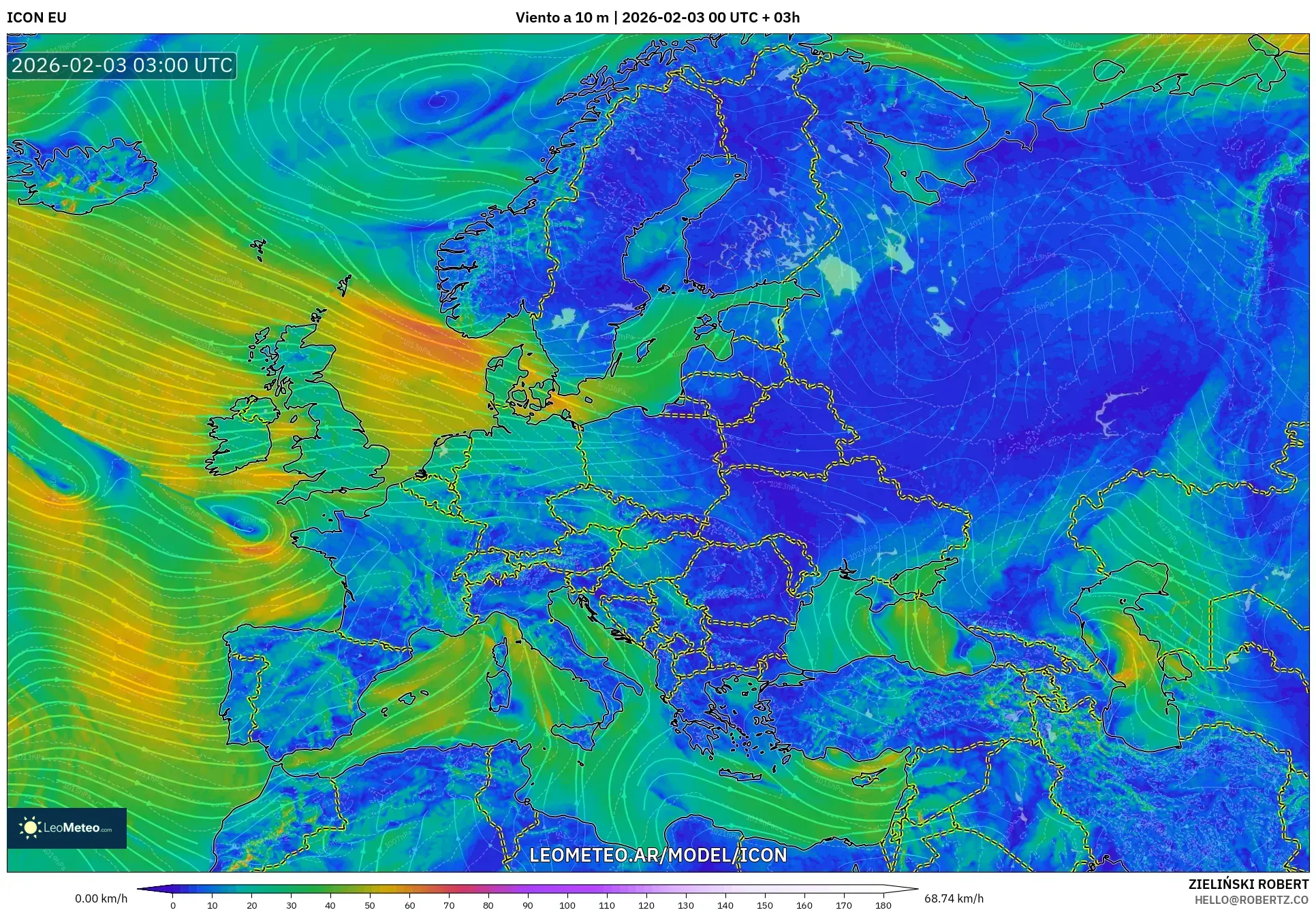 ICON model - Europa, Viento a 10 m