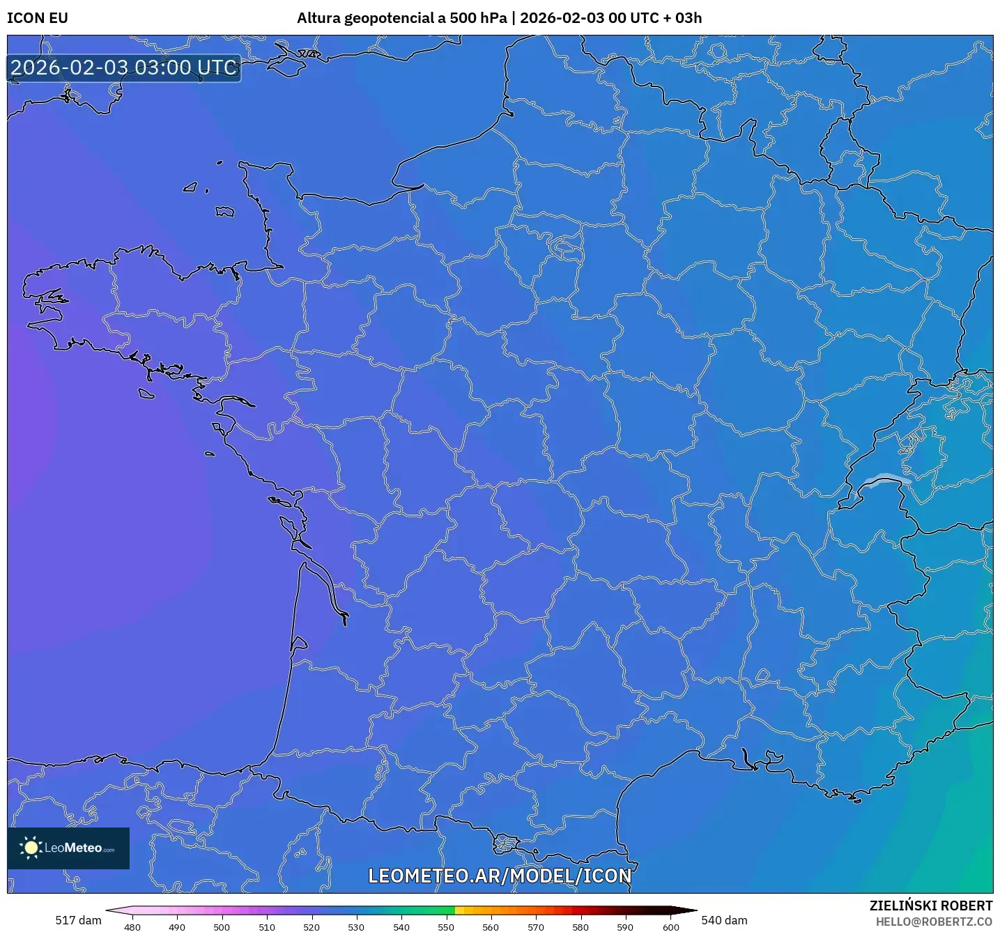 ICON model - Francia, Altura geopotencial a 500 hPa