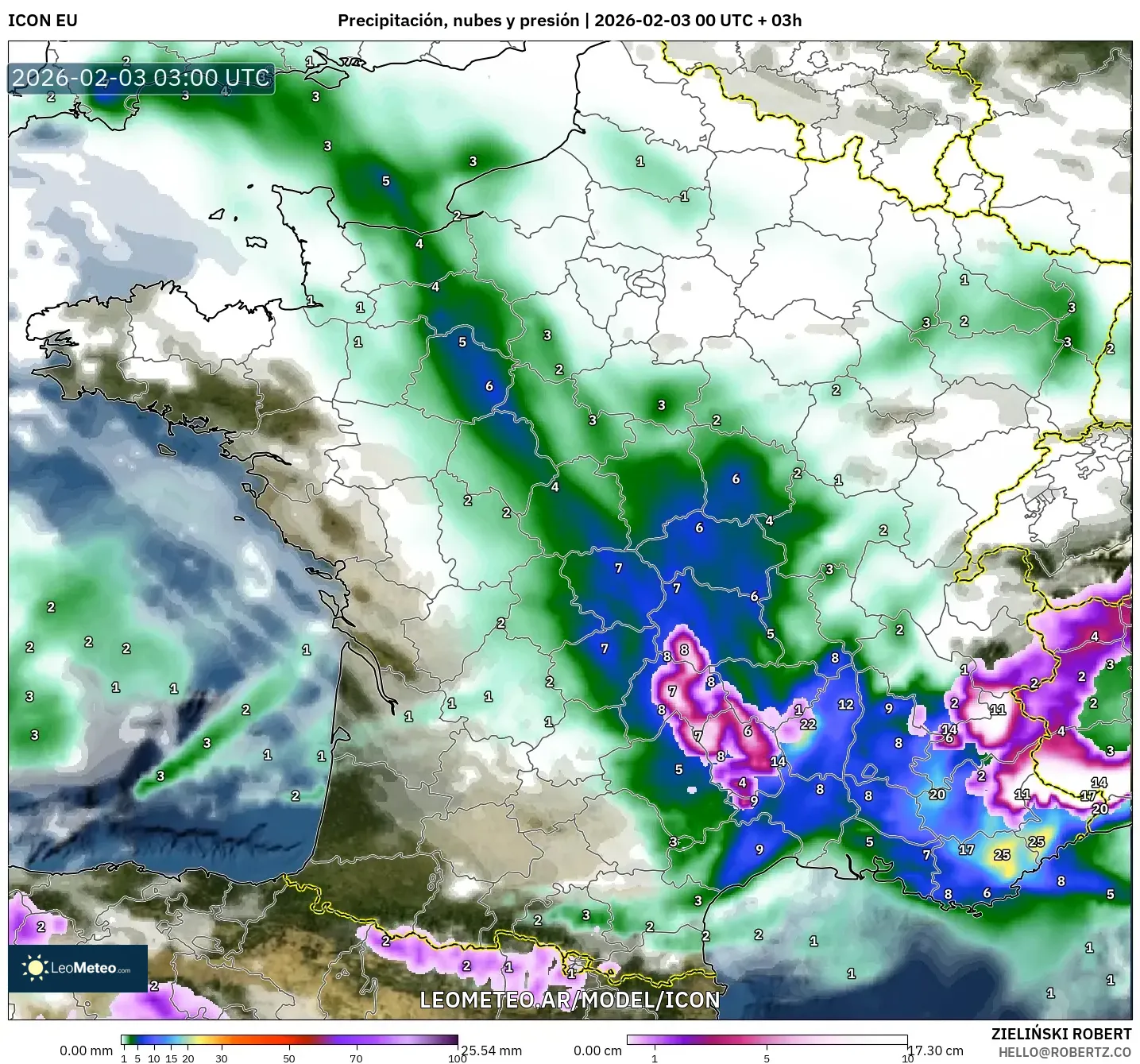 ICON model - Francia, Precipitación, nubes y presión