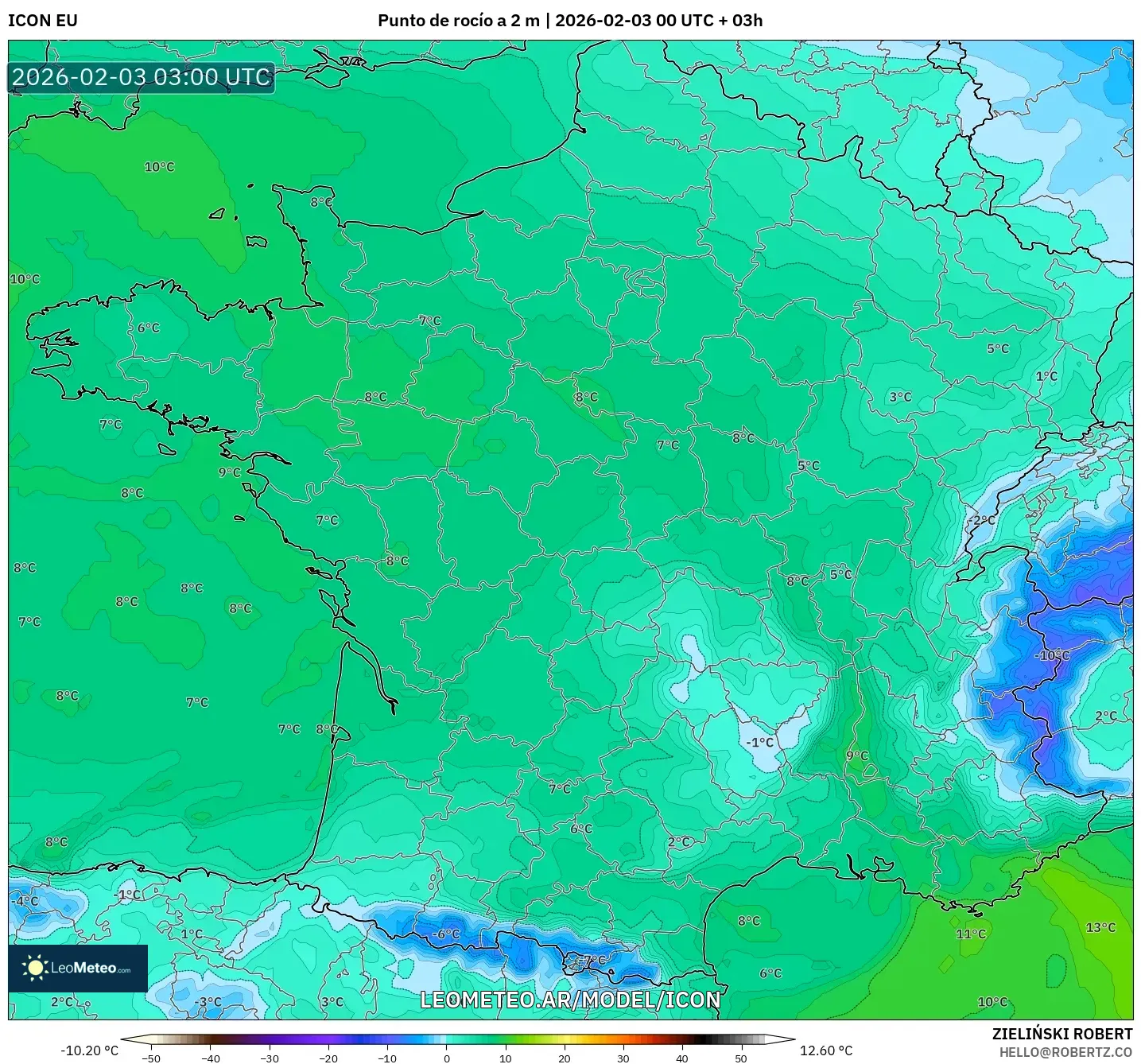 ICON model - Francia, Punto de rocío a 2 m