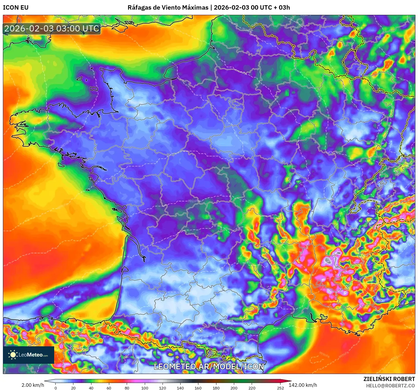 ICON model - Francia, Ráfagas de Viento Máximas