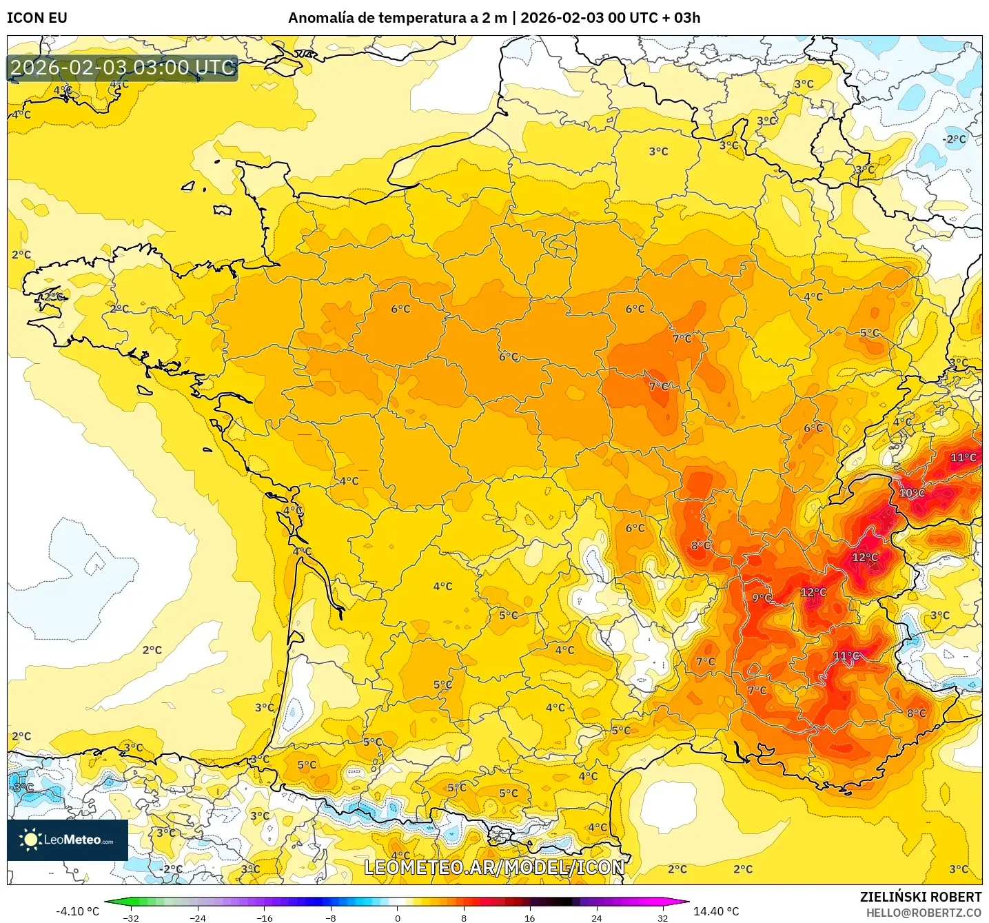 ICON model - Francia, Anomalía de temperatura a 2 m