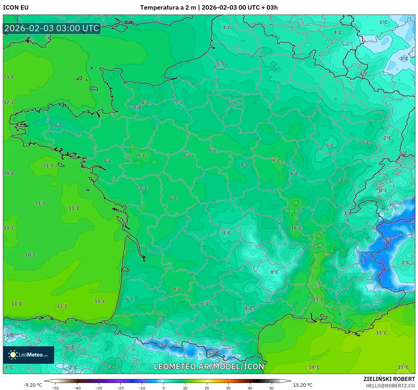 ICON model - Francia, Temperatura a 2 m