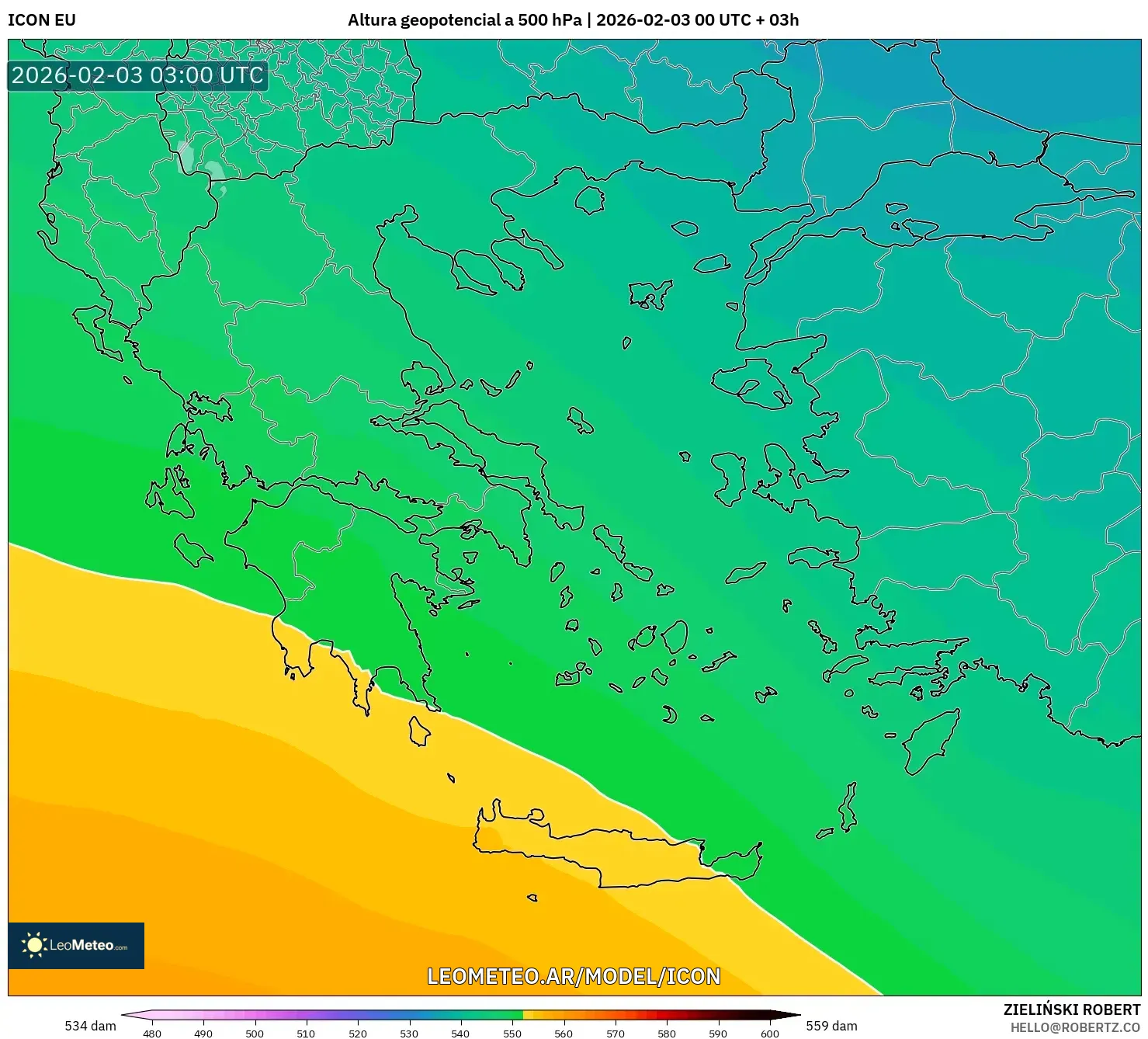 ICON model - Grecia, Altura geopotencial a 500 hPa