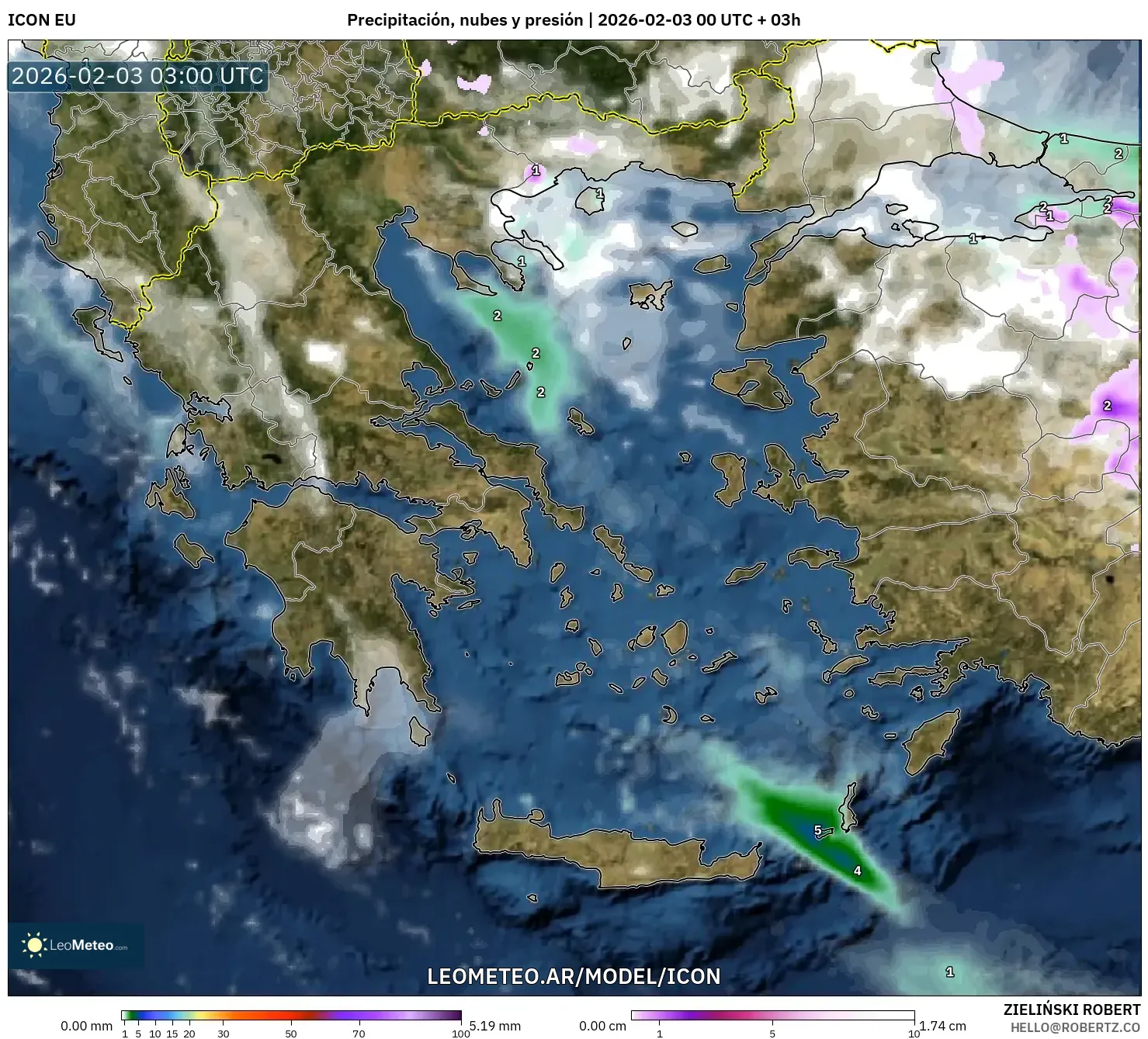 ICON model - Grecia, Precipitación, nubes y presión