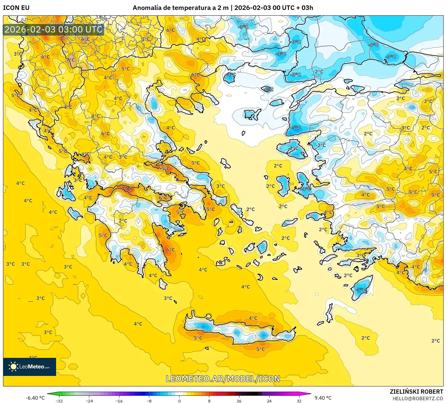 ICON model - Grecia, Anomalía de temperatura a 2 m