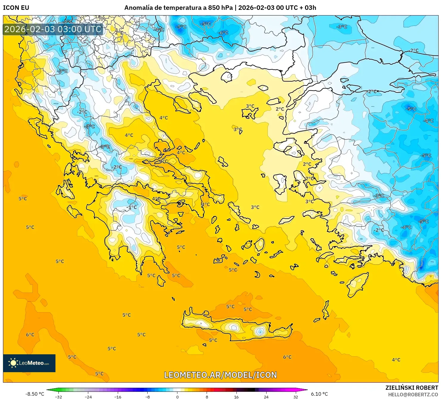 ICON model - Grecia, Anomalía de temperatura a 850 hPa