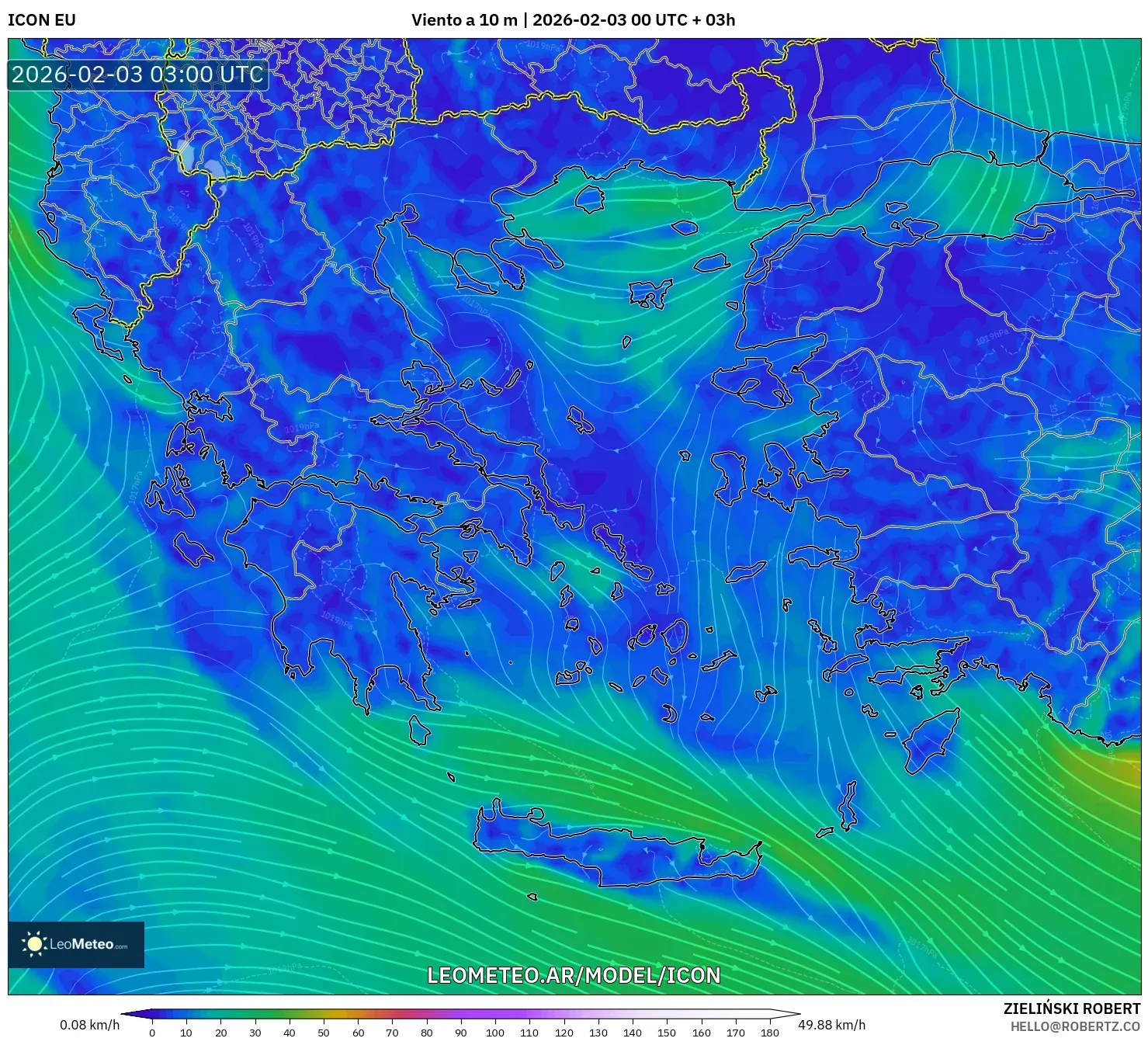 ICON model - Grecia, Viento a 10 m