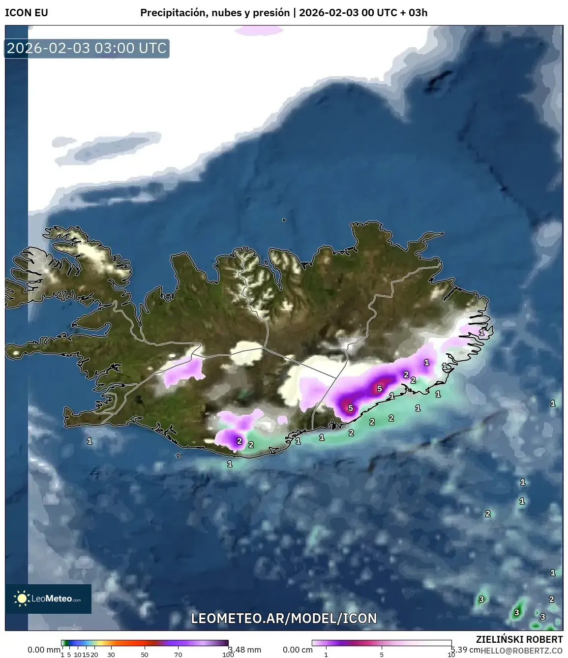 ICON model - Islandia, Precipitación, nubes y presión